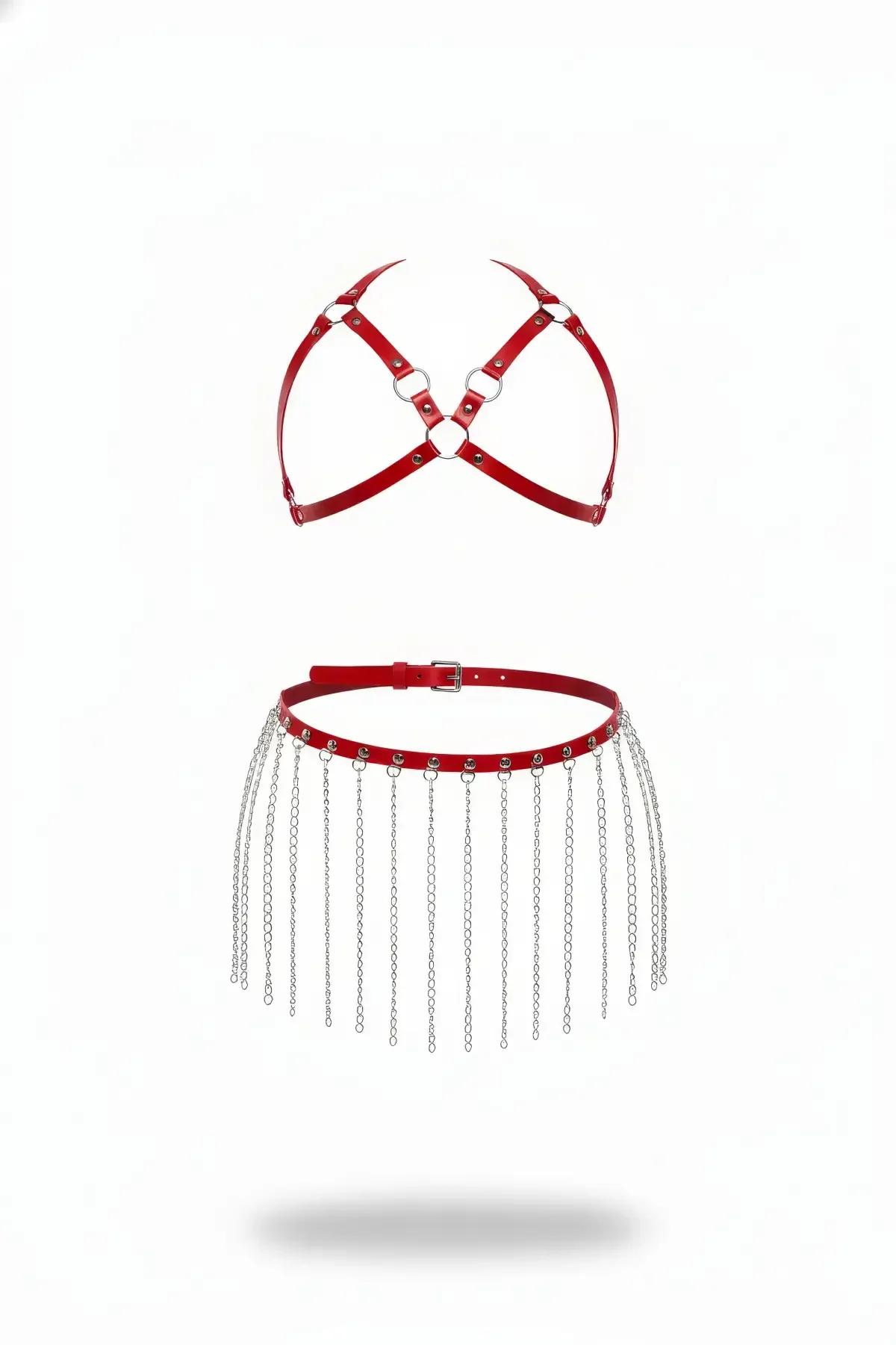 Red Faux Leather Body Harness & Chain Skirt Set