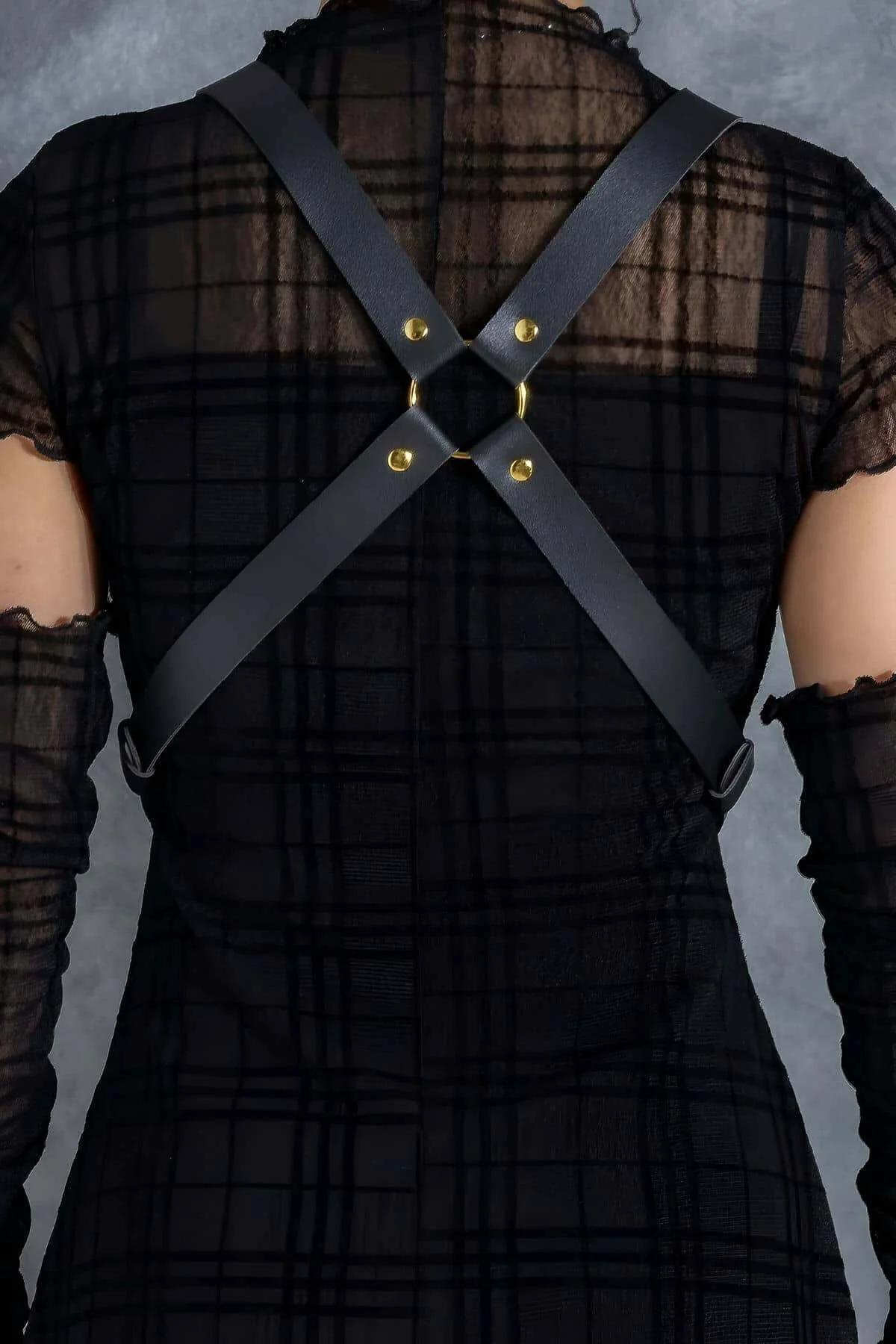 Leather Body Harness Belt with Gold Rings & Chain Accents