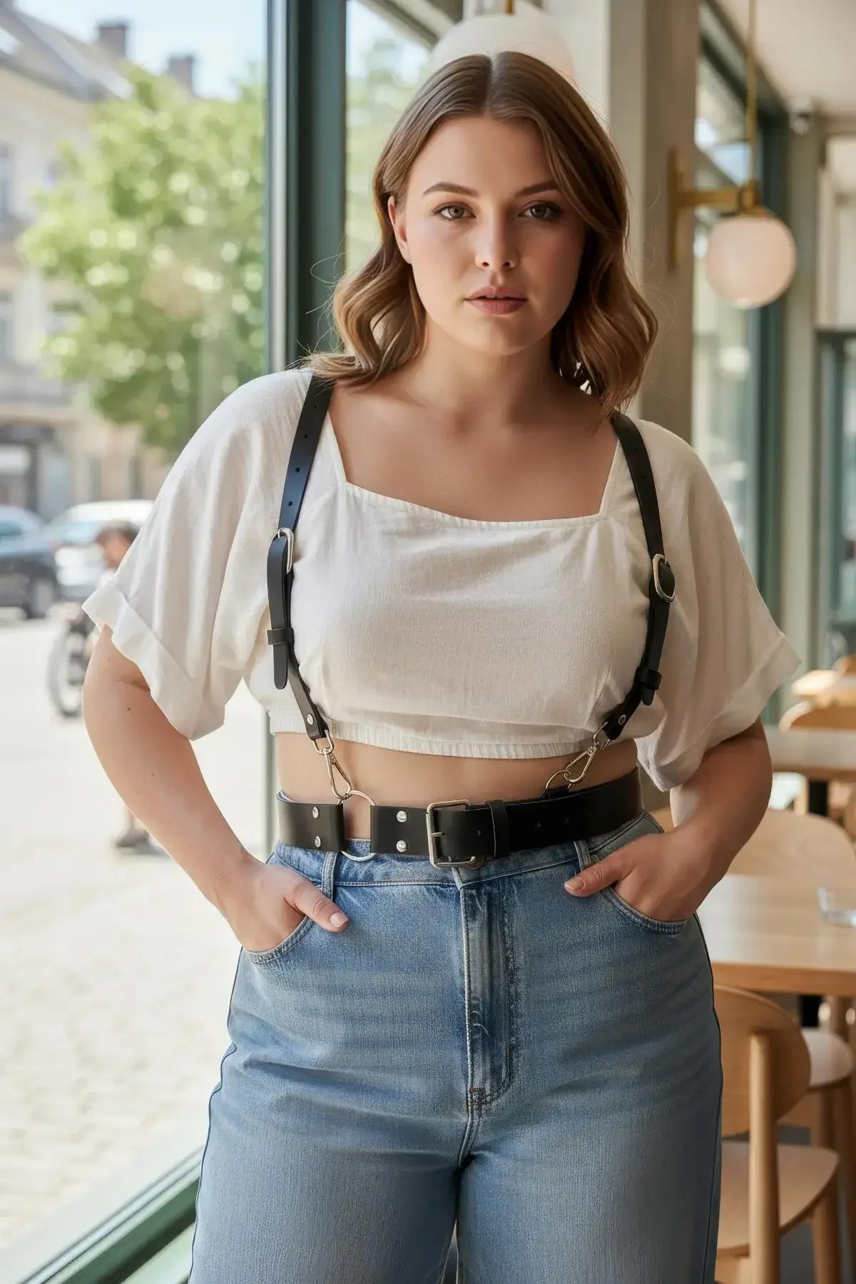 Wide Faux Leather Belt with Adjustable Chest Harness Straps