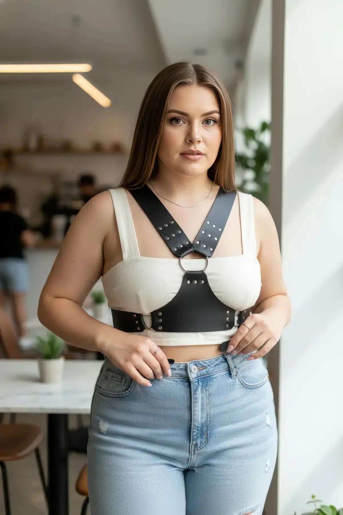 Studded Faux Leather Harness with Front O-Ring