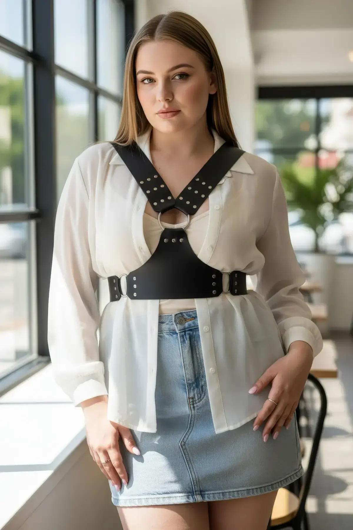 Studded Faux Leather Harness with Front O-Ring