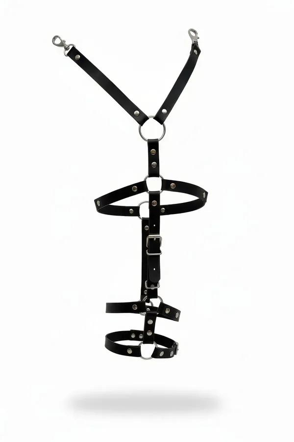 Adjustable Black Faux Leather Garter Harness with O-Ring