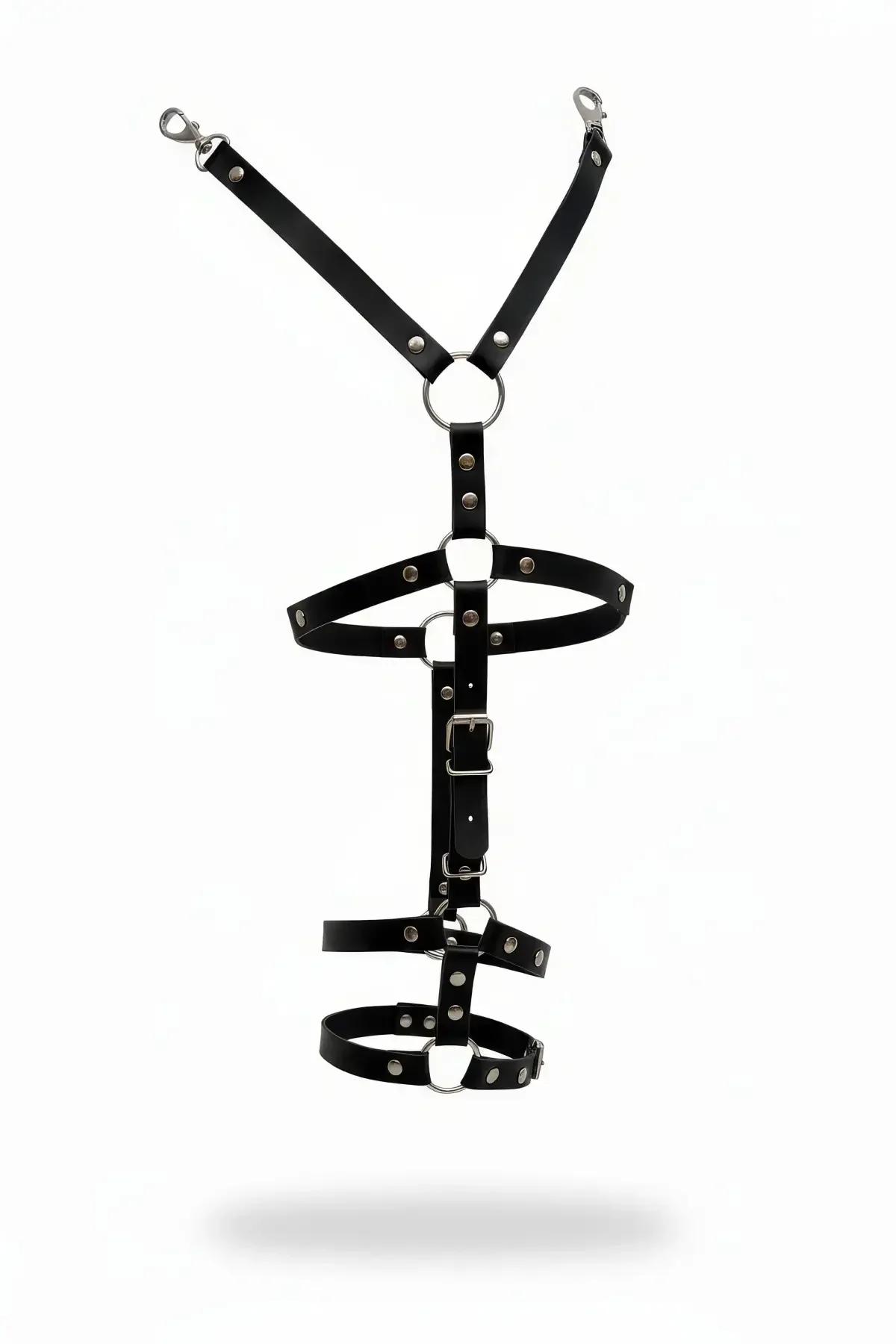 Adjustable Black Faux Leather Garter Harness with O-Ring