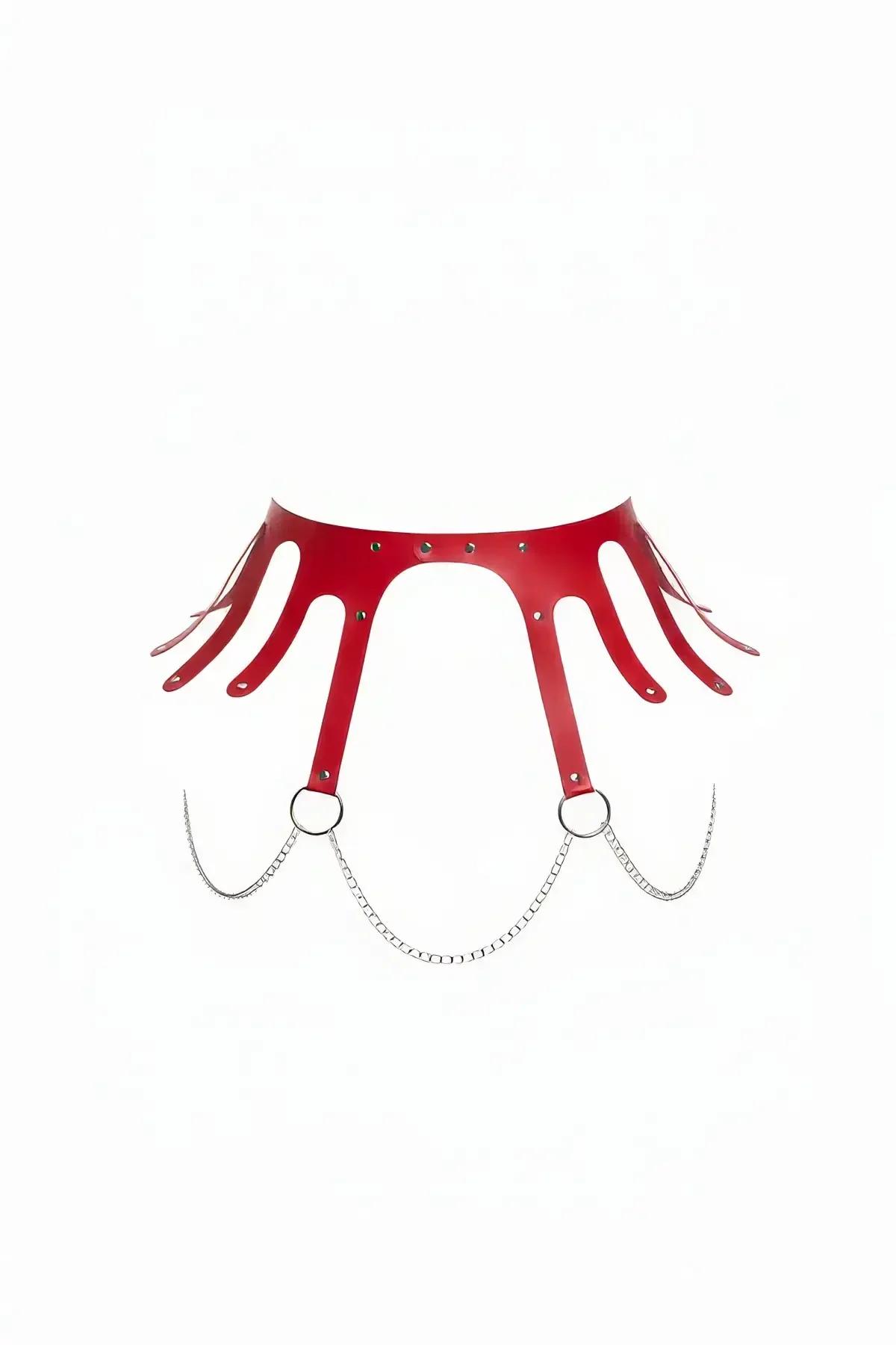 Red Faux Leather Harness with Draped Chain