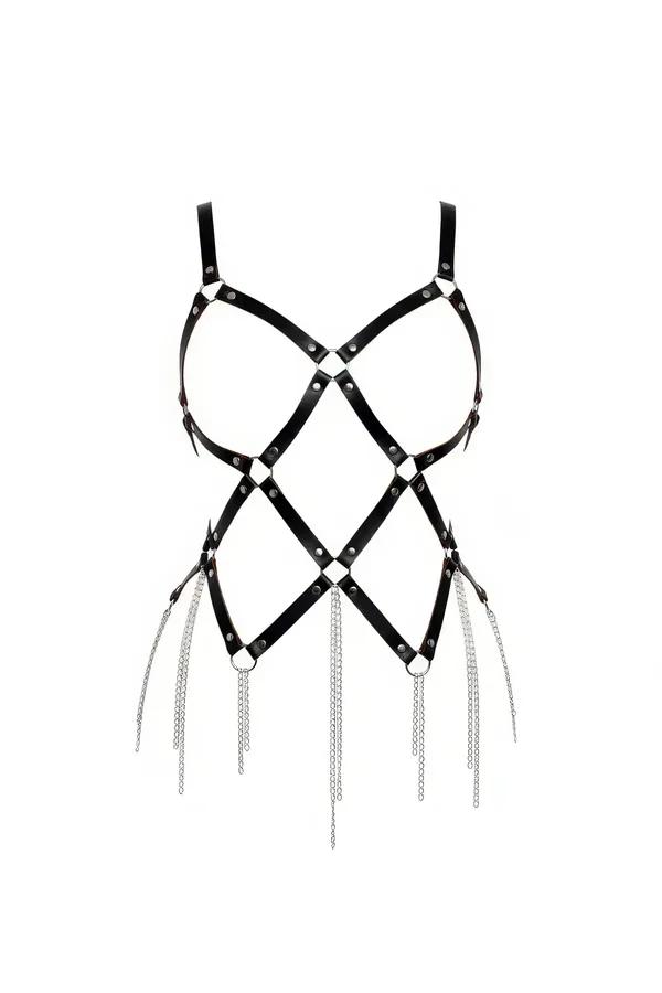 Body Harness: Adjustable Black Leather with Silver Chains