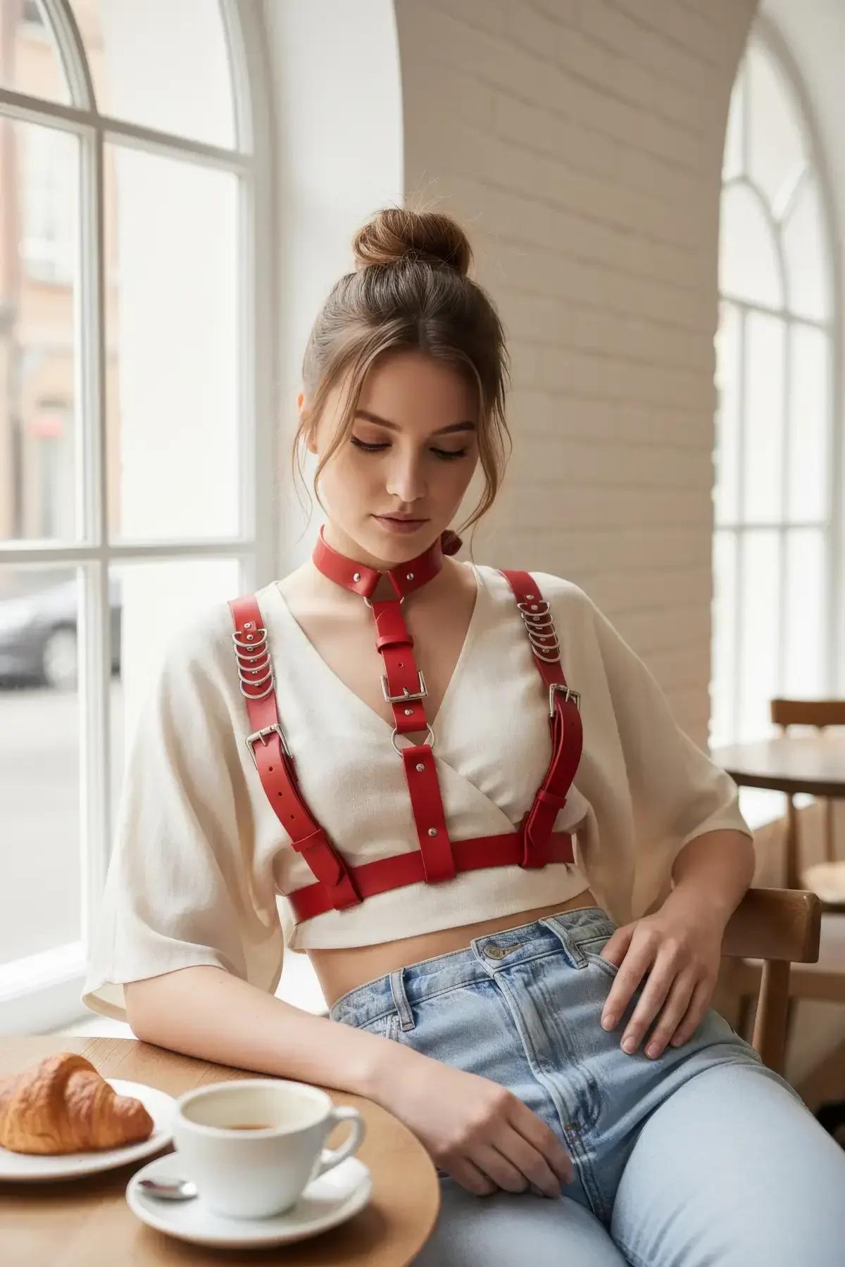 Red Faux Leather Chest Harness with Choker & Chain Detail