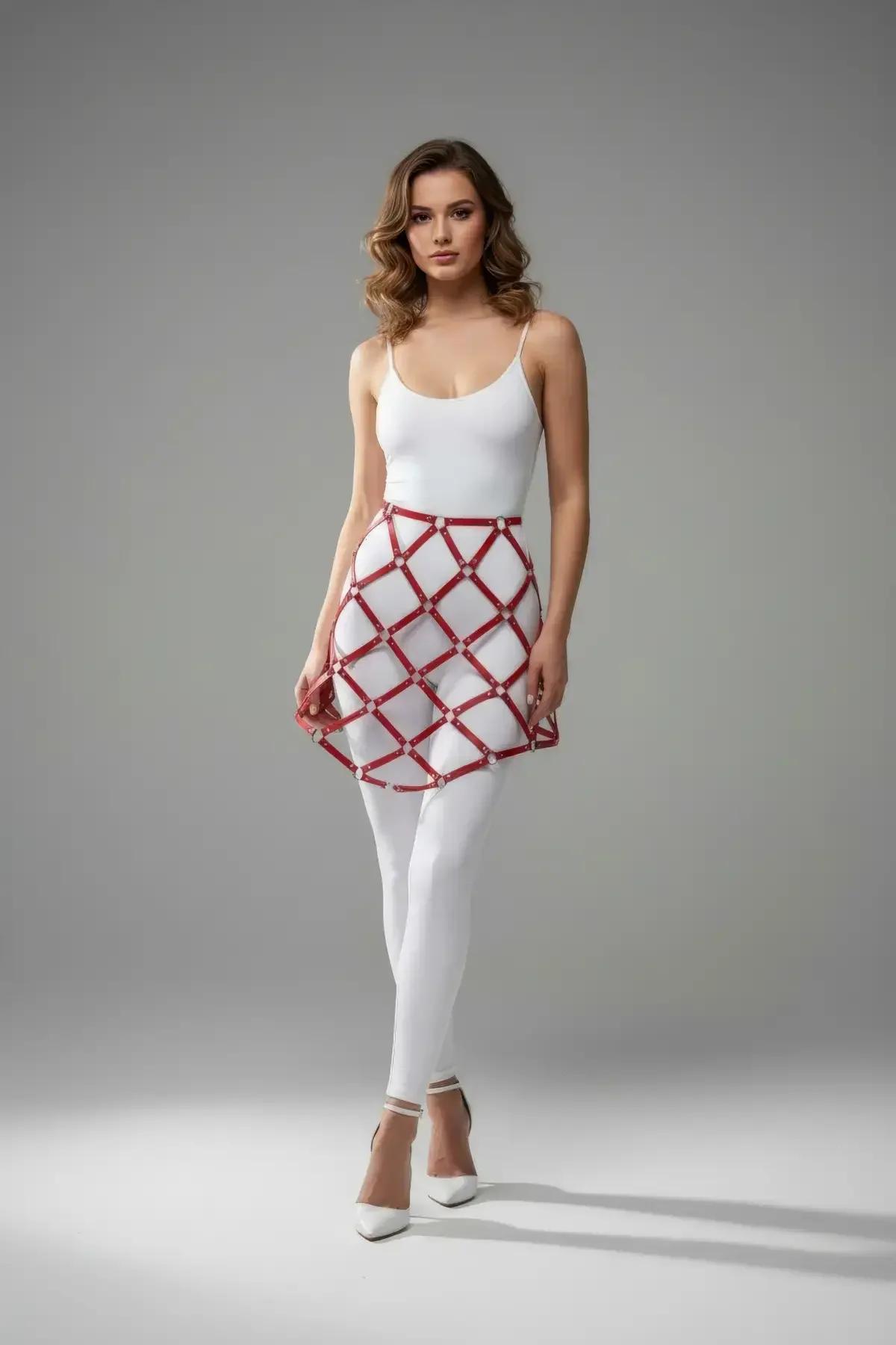 Red Lattice Pattern Faux Leather Skirt Harness