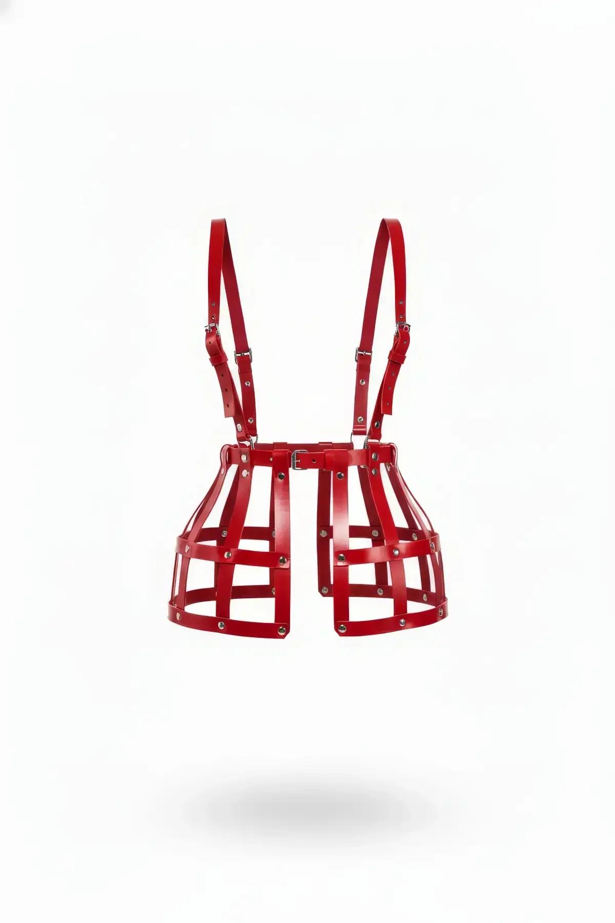 Red Faux Leather Caged Waist Harness Skirt
