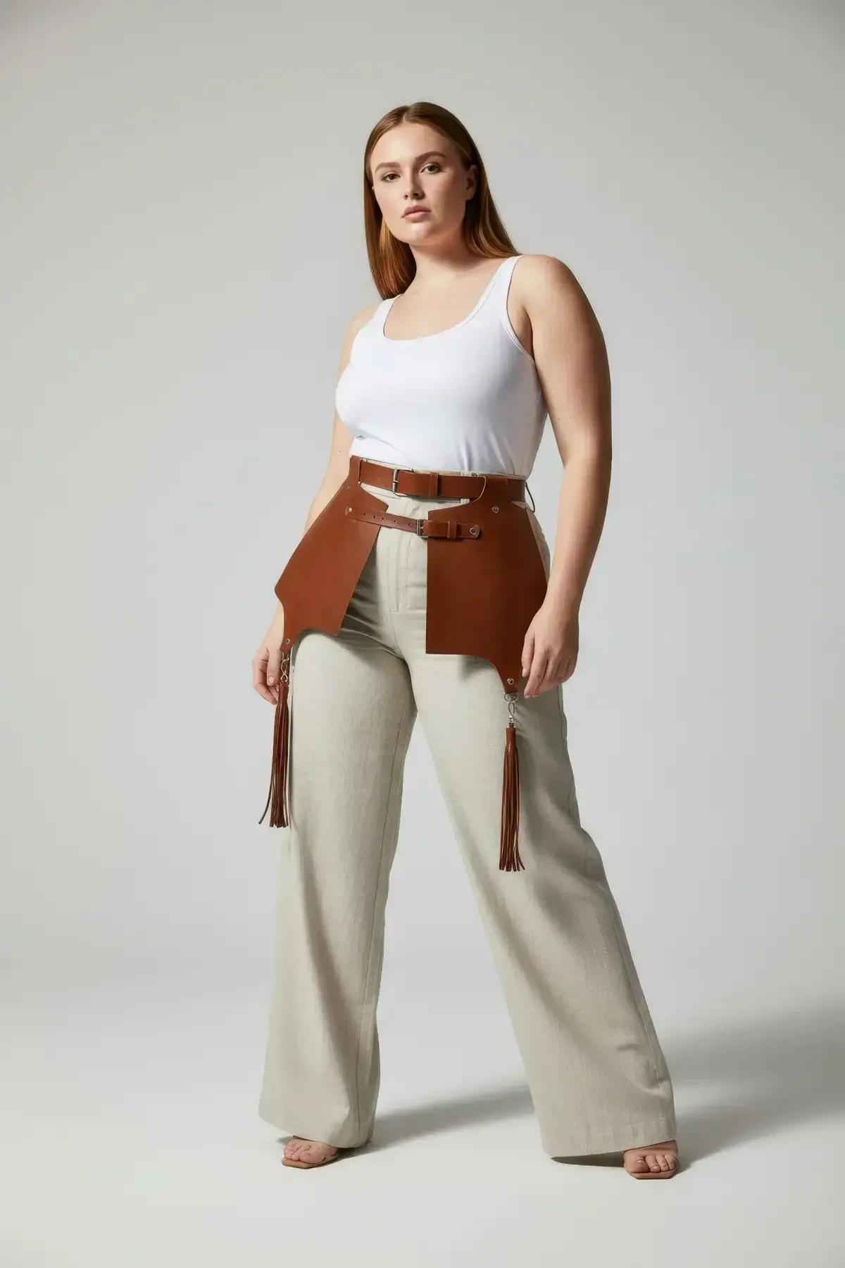 Faux Leather Waist Harness with Wide Panels & Tassels