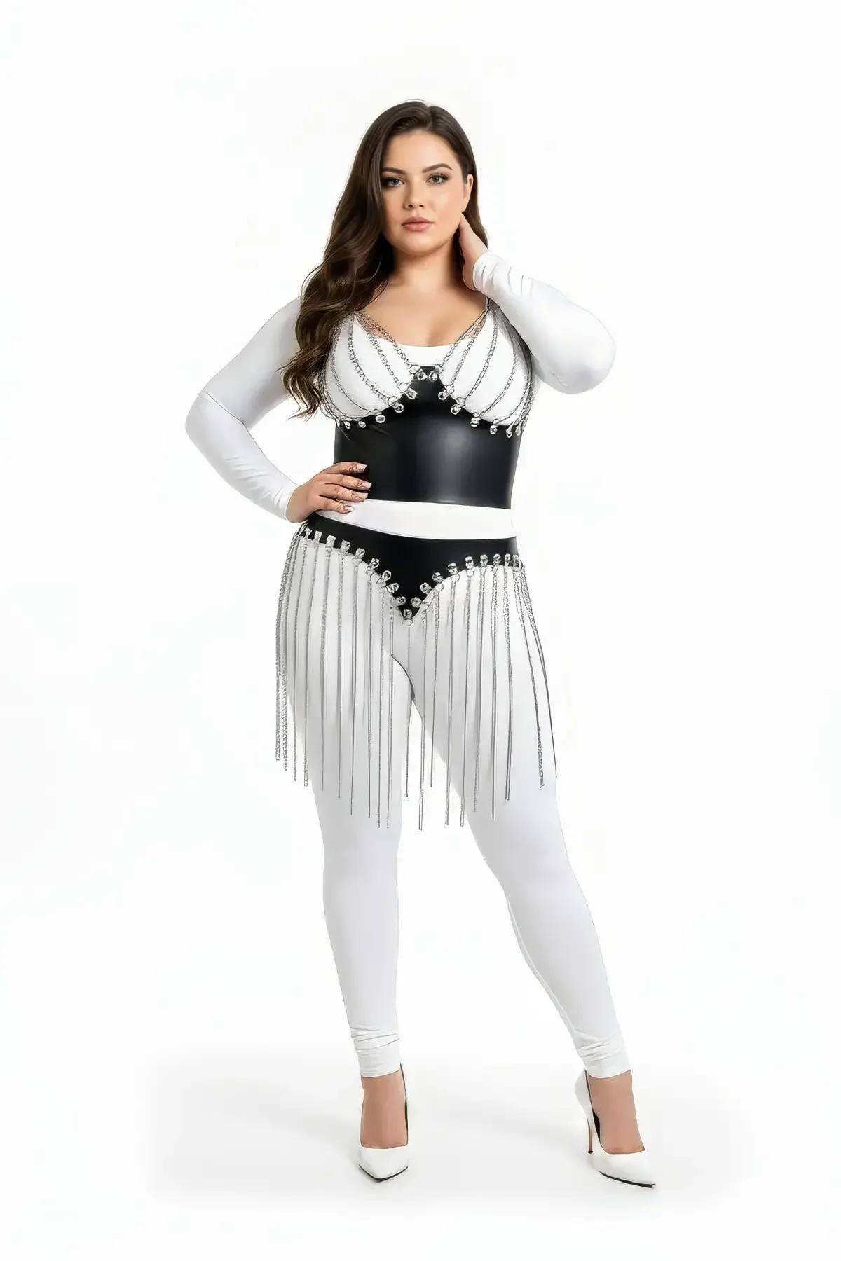 Faux Leather Bustier with Cascading Chain Fringe Skirt