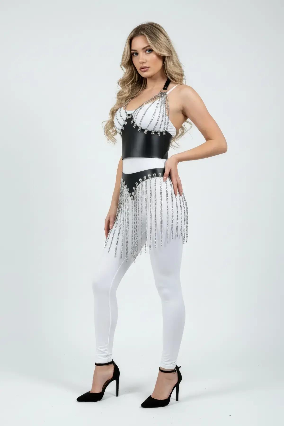 Faux Leather Corset Harness with Silver Chain Fringe