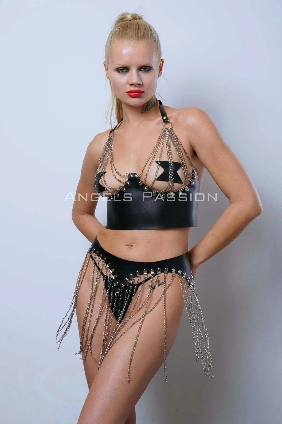 Leather Chain Body Harness Set - Adjustable Bra & Skirt