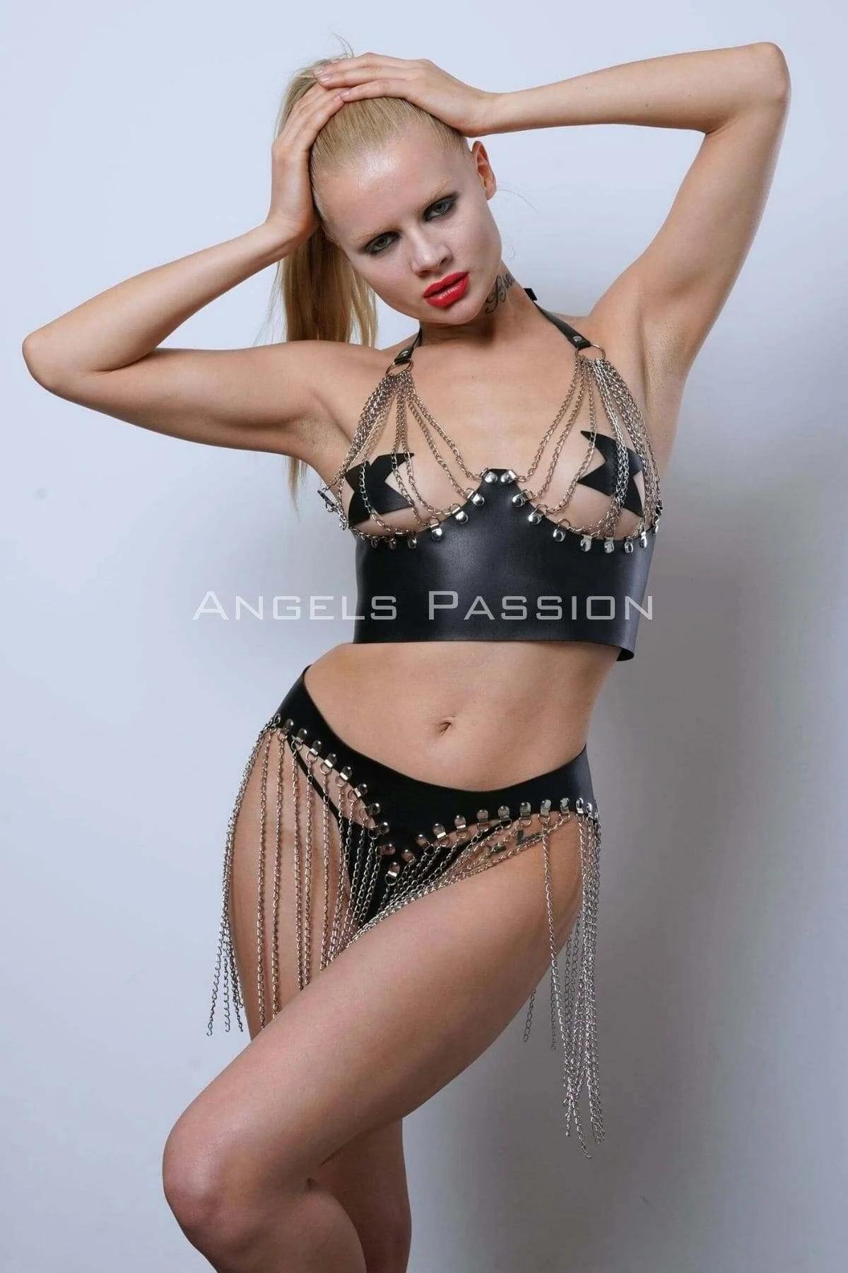 Leather Chain Body Harness Set - Adjustable Bra & Skirt