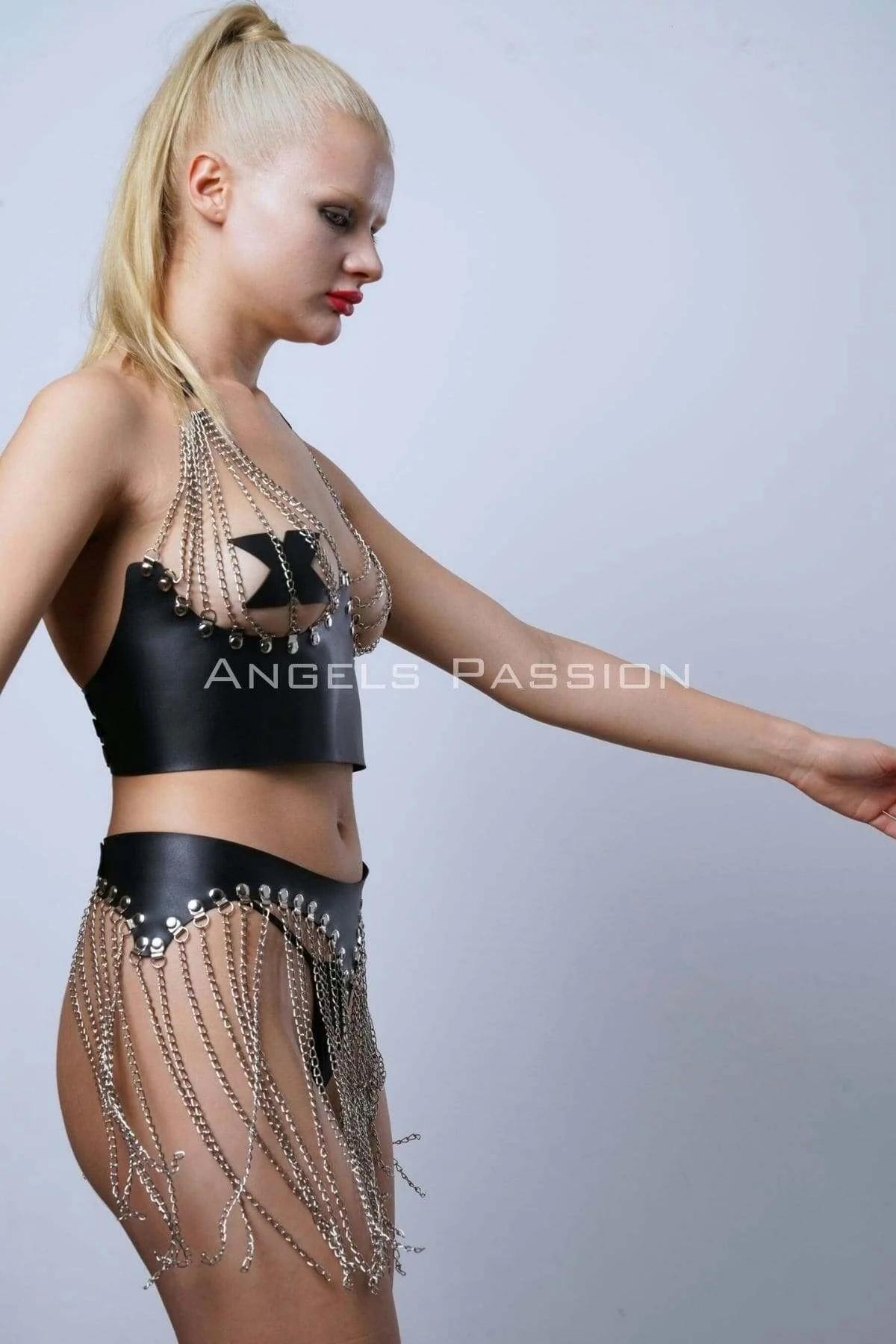 Leather Chain Body Harness Set - Adjustable Bra & Skirt