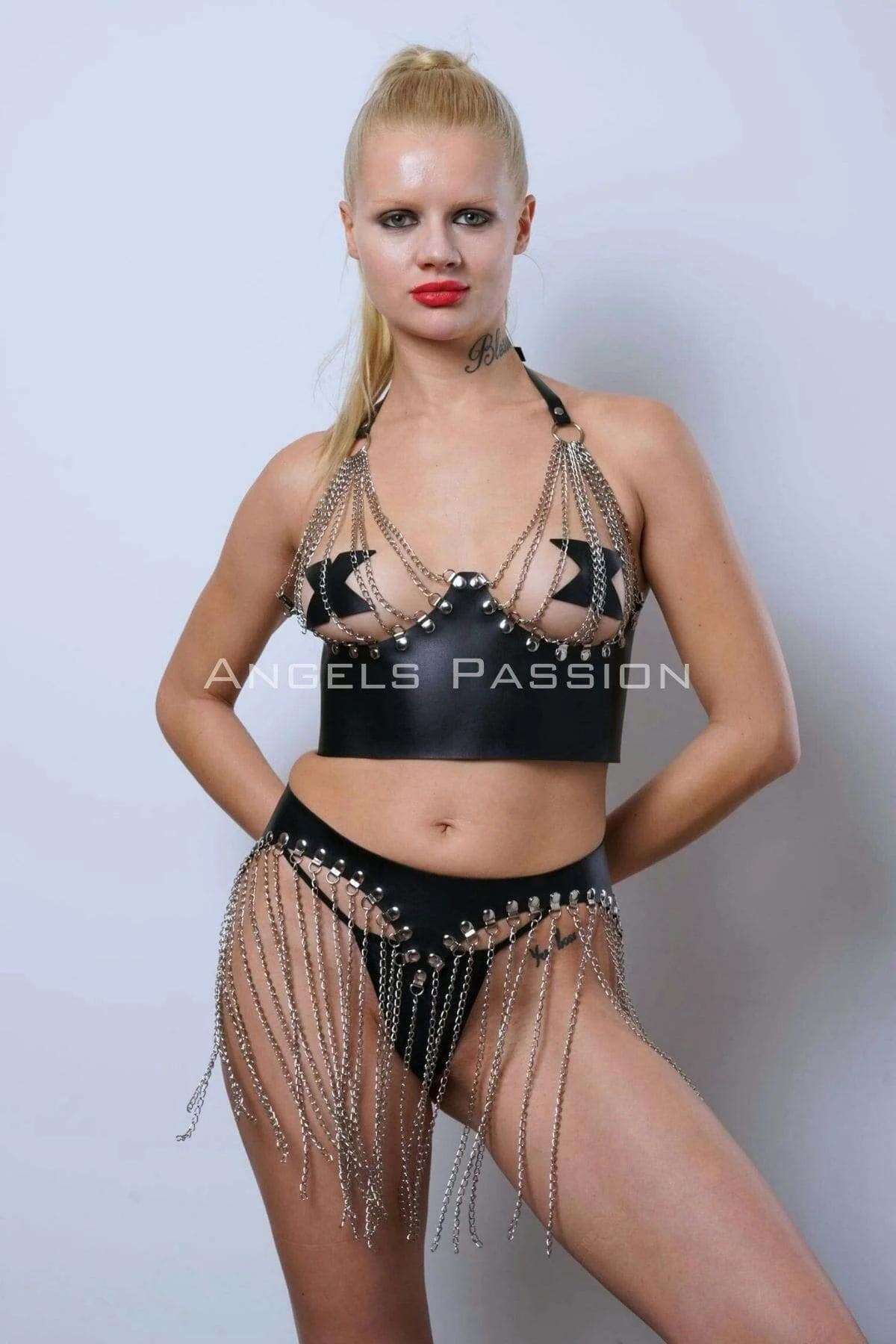 Leather Chain Body Harness Set - Adjustable Bra & Skirt