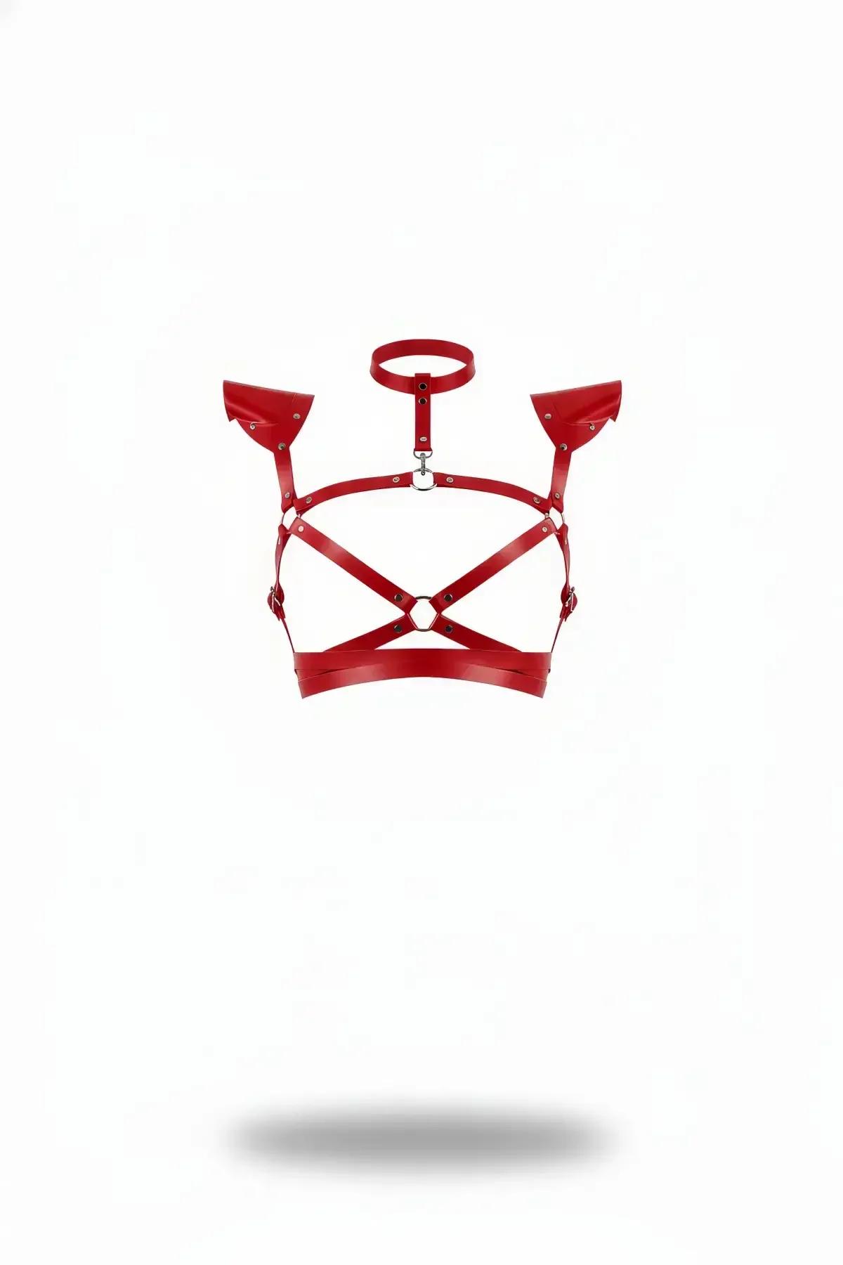 Red Faux Leather Chest Harness with Winged Shoulders