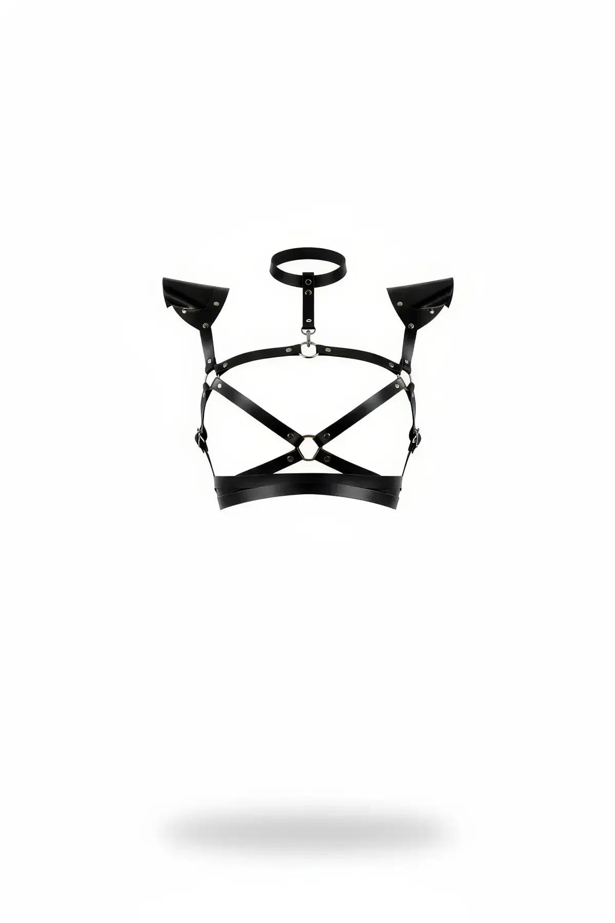 Faux Leather Chest Harness with Choker and Shoulder Accents