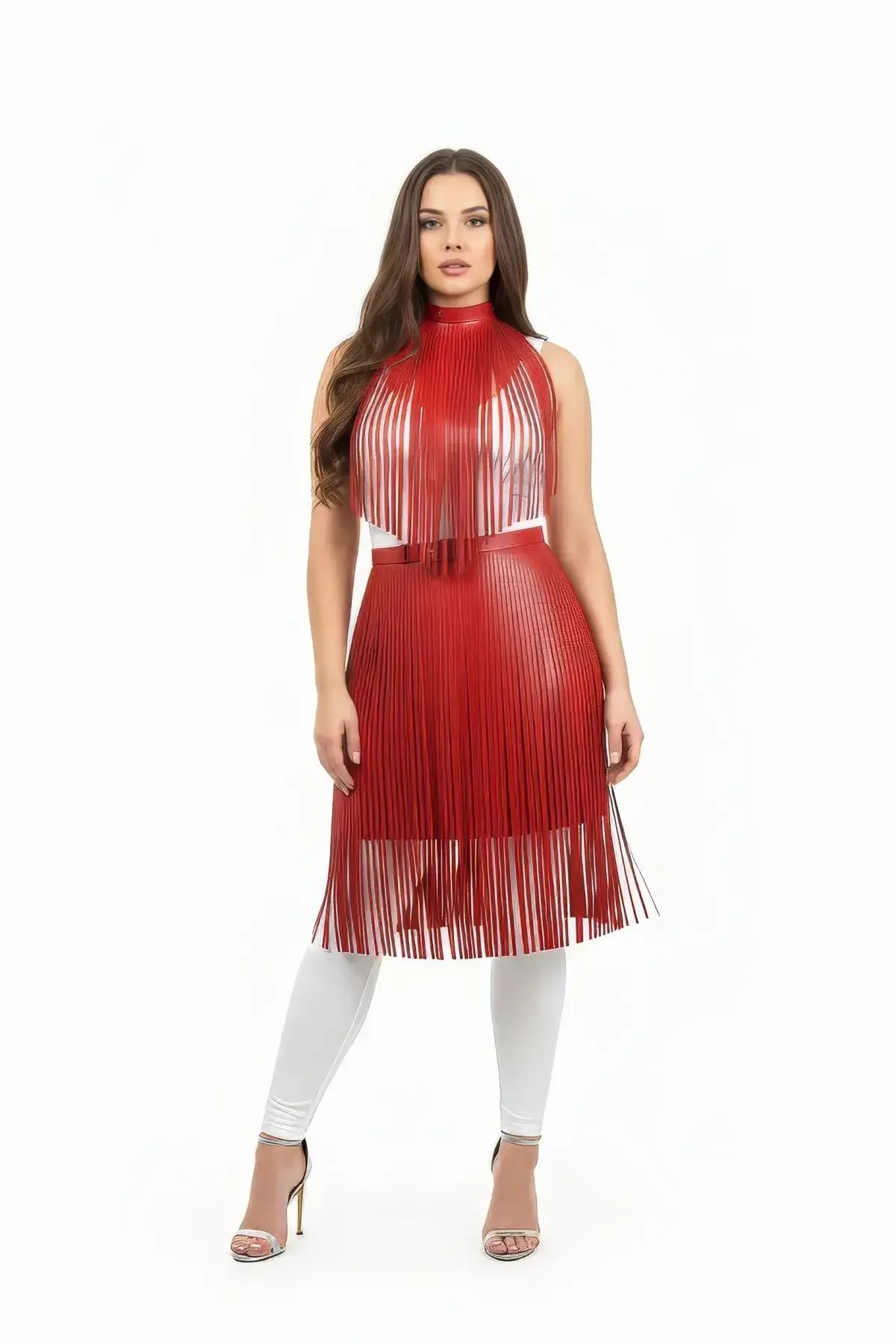 Red Faux Leather Fringe Body Harness with High Neck