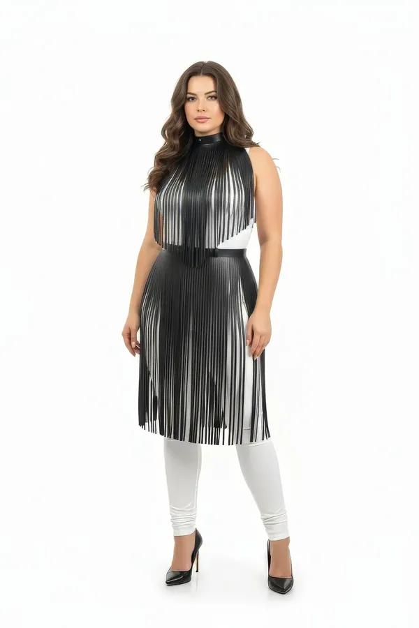 Fringe Overlay High Neck Harness Dress