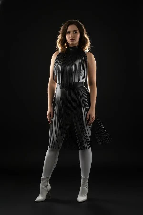 Fringe Overlay High Neck Harness Dress