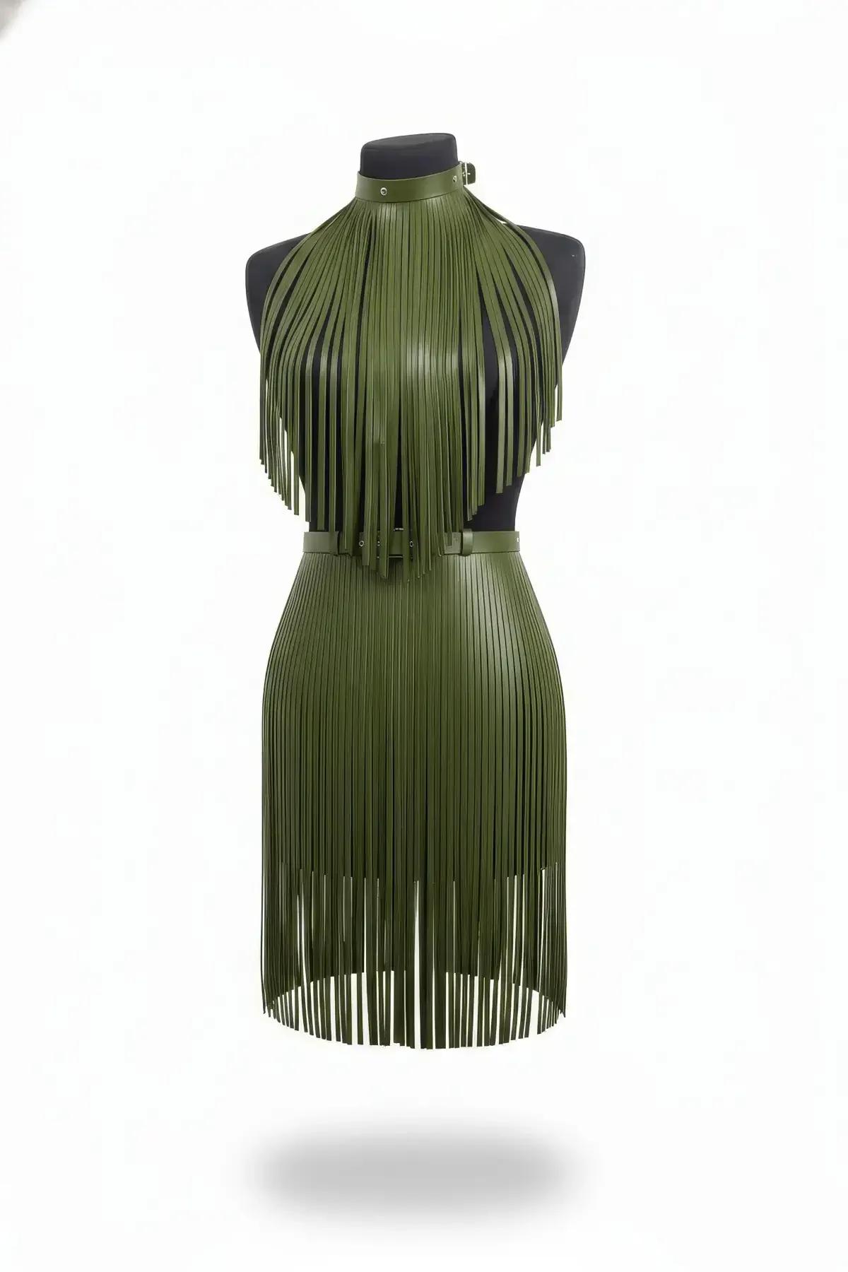 Fringed Halter Neck Top and Skirt Set in Vegan Leather