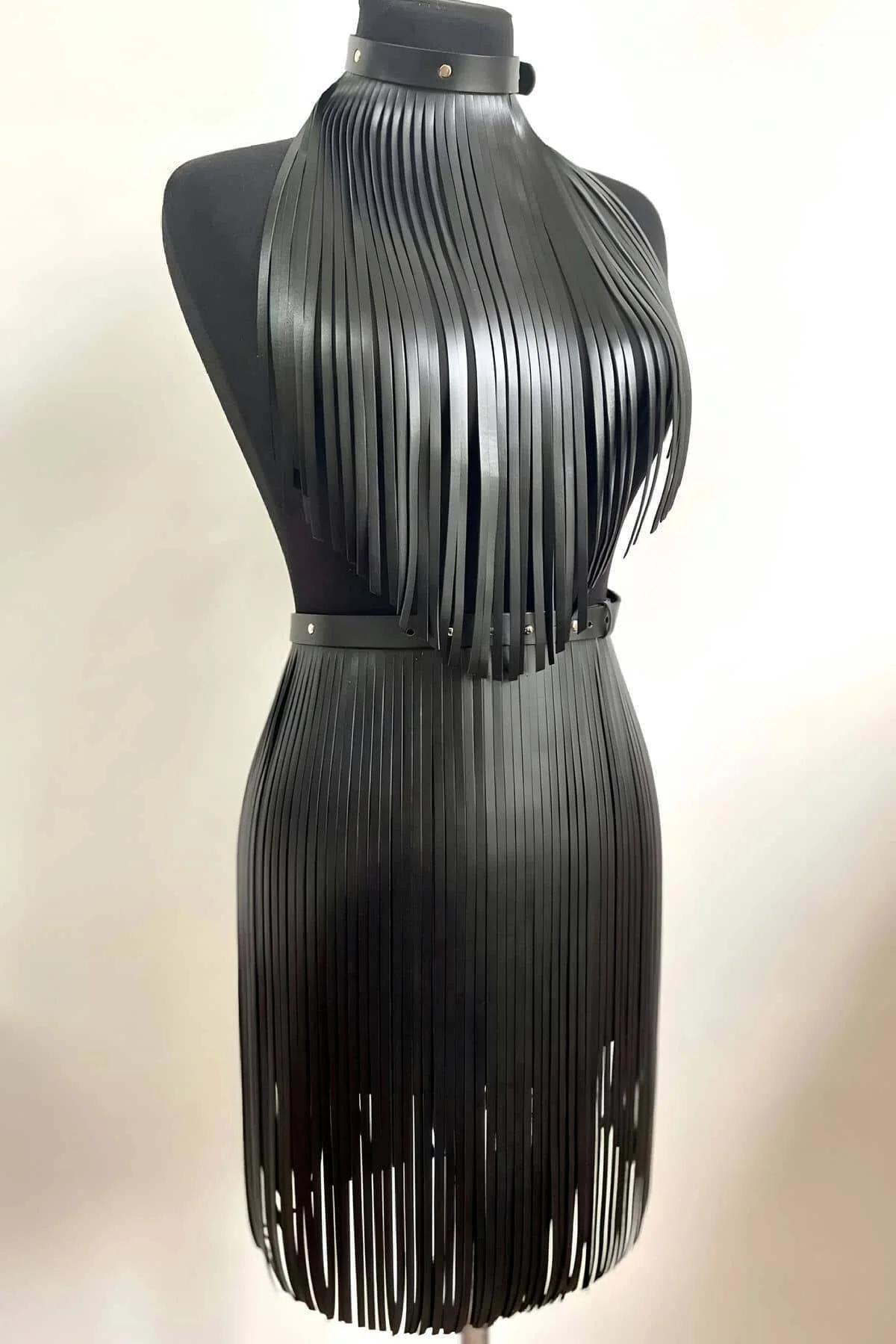 Leather Fringe Set - Adjustable Halter Top & Skirt Ensemble