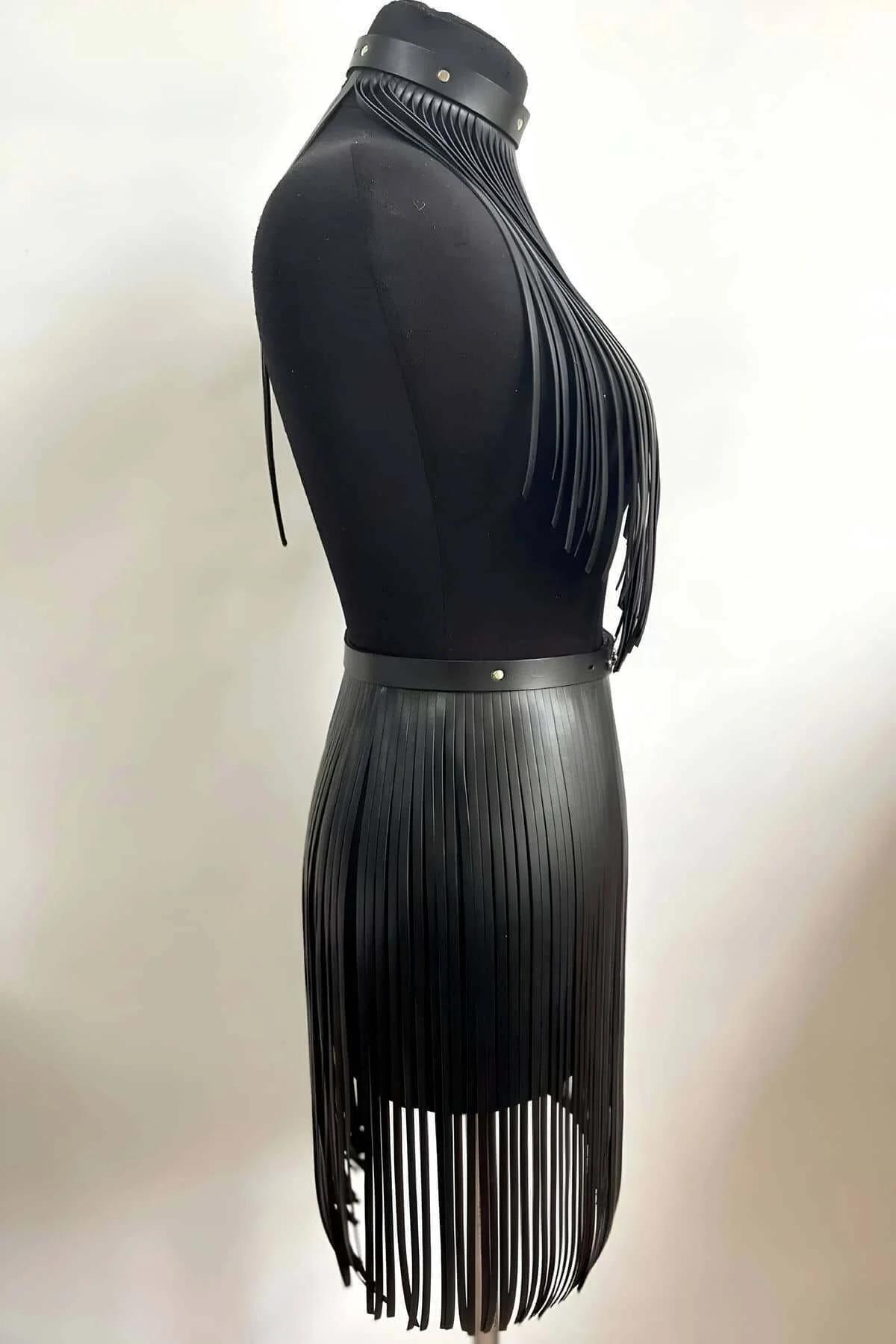 Leather Fringe Set - Adjustable Halter Top & Skirt Ensemble