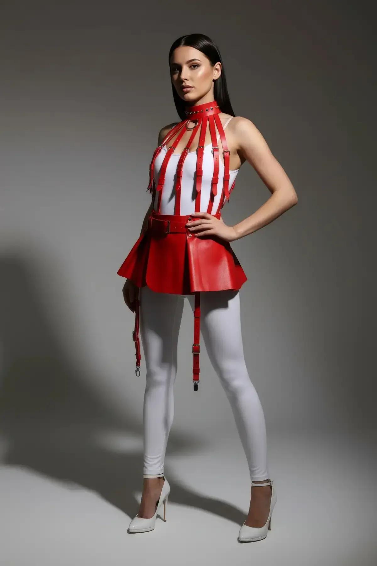 Red Faux Leather Harness with Flared Skirt
