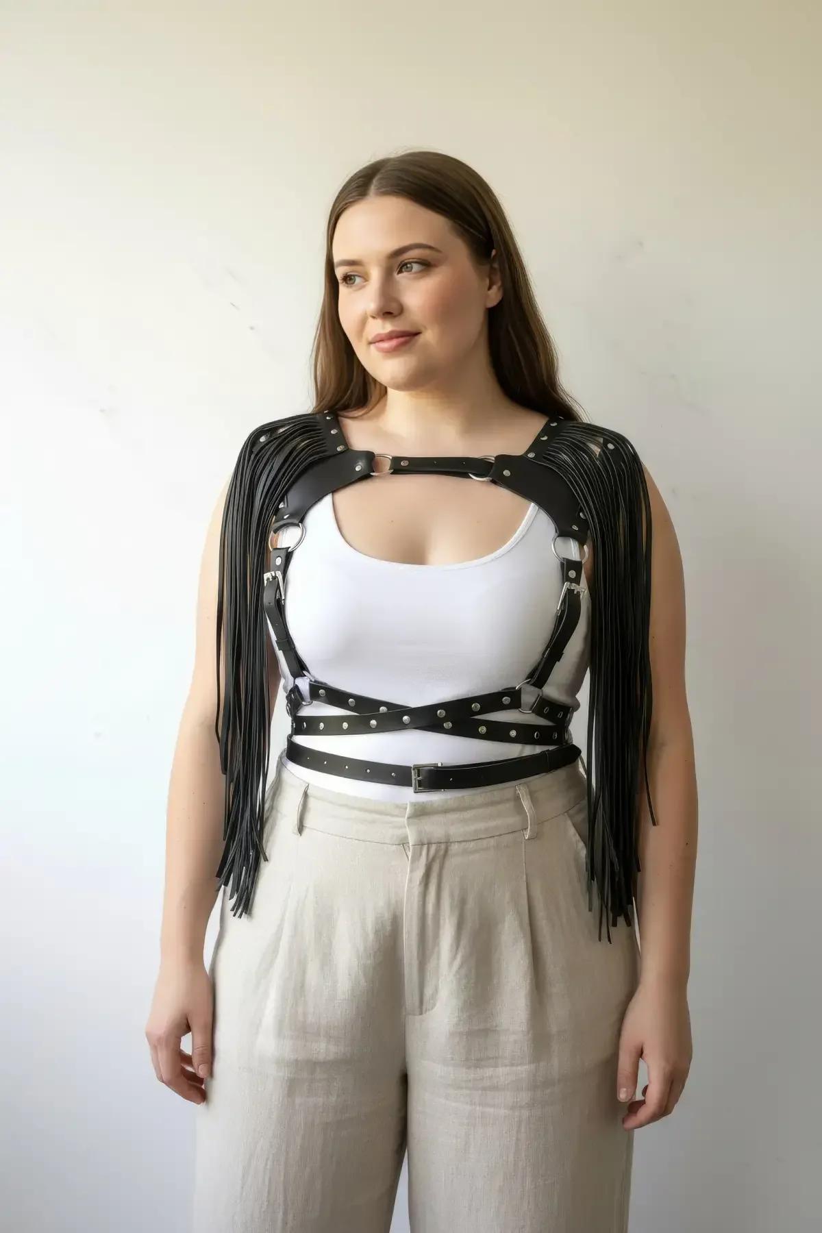 Studded Faux Leather Chest Harness with Shoulder Fringe