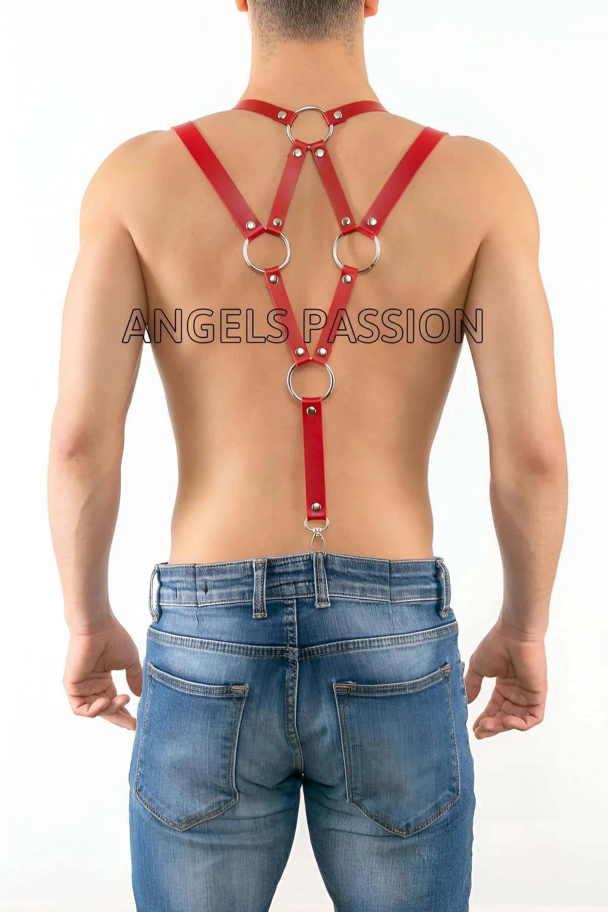 Men's Harness Red Faux Leather Adjustable Suspender Straps