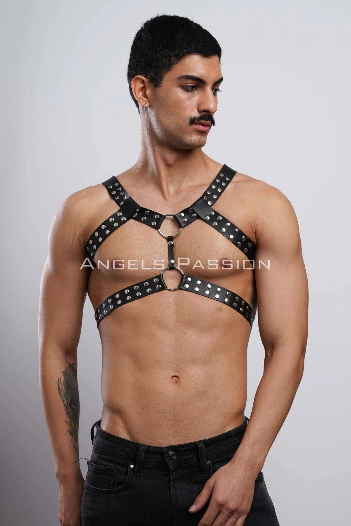 Men's Leather Chest Harness - Studded Adjustable Bodywear