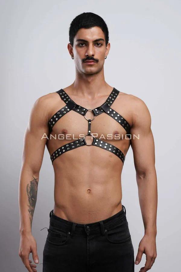 Men's Leather Chest Harness - Studded Adjustable Bodywear