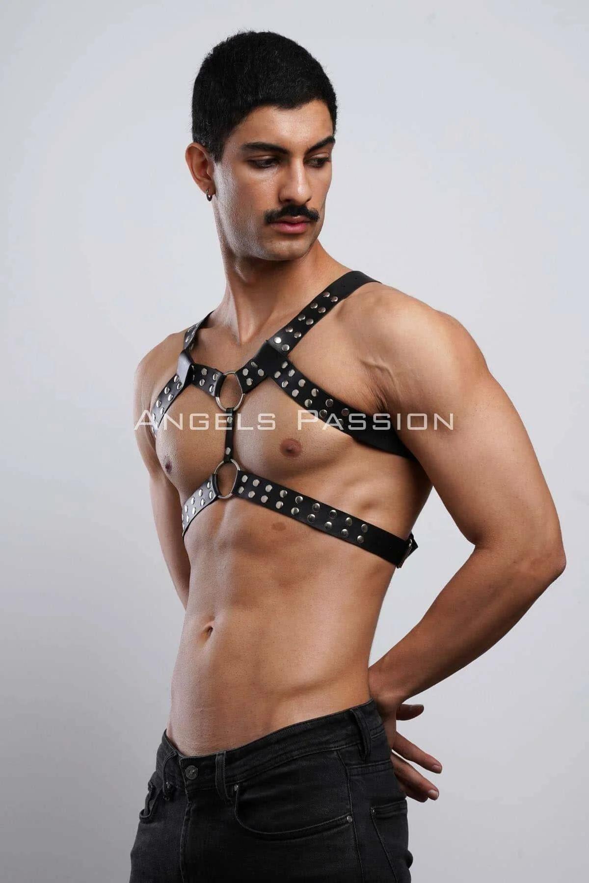 Men's Leather Chest Harness - Studded Adjustable Bodywear