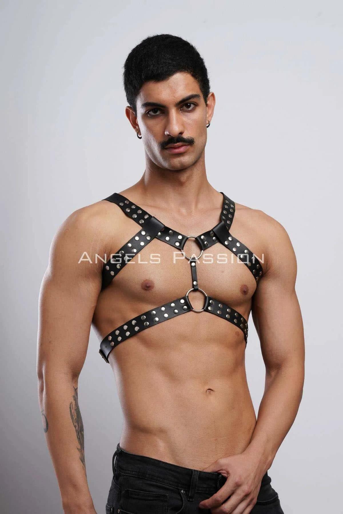 Men's Leather Chest Harness - Studded Adjustable Bodywear