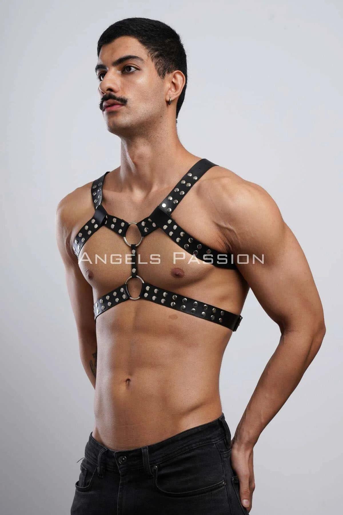 Men's Leather Chest Harness - Studded Adjustable Bodywear