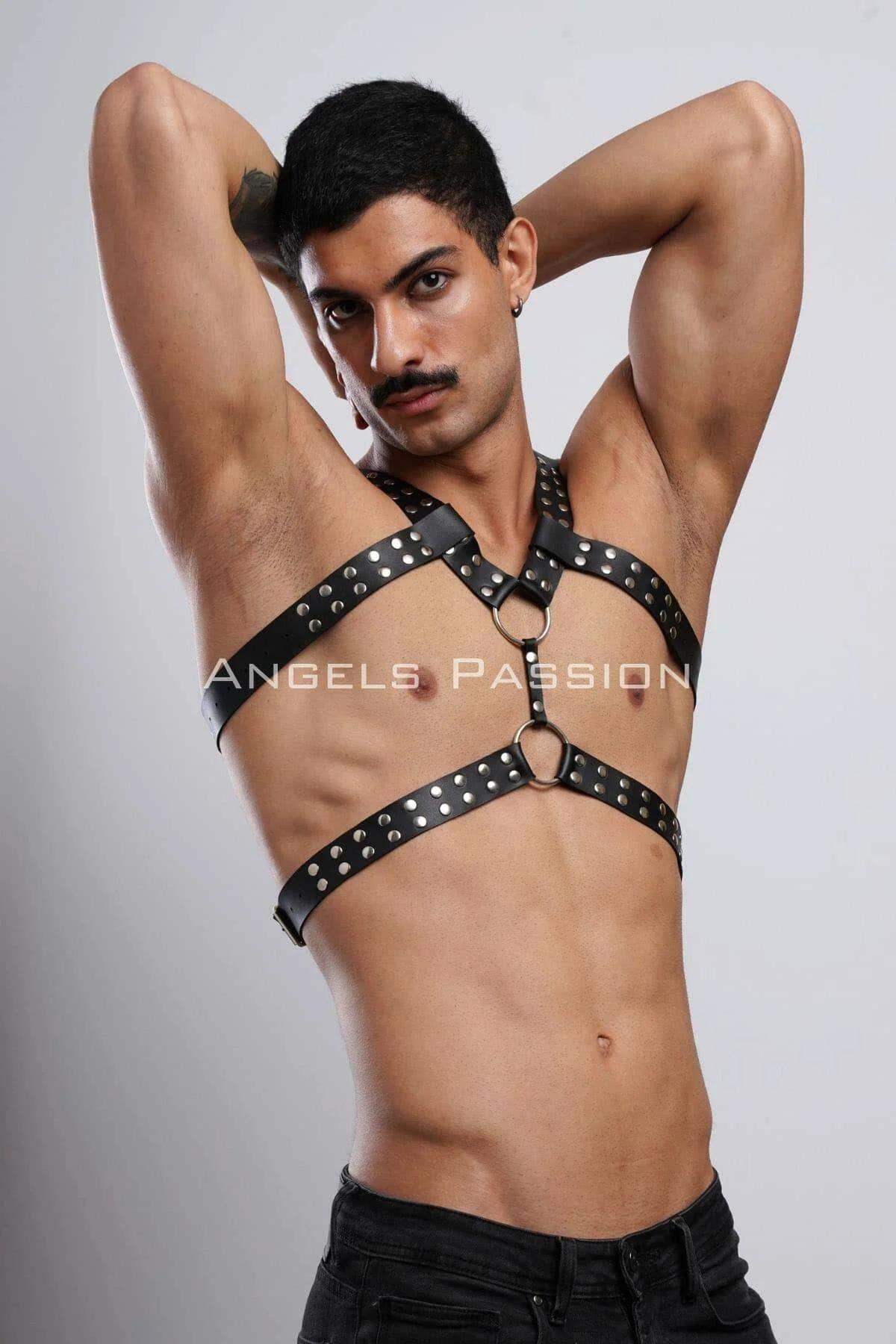 Men's Leather Chest Harness - Studded Adjustable Bodywear