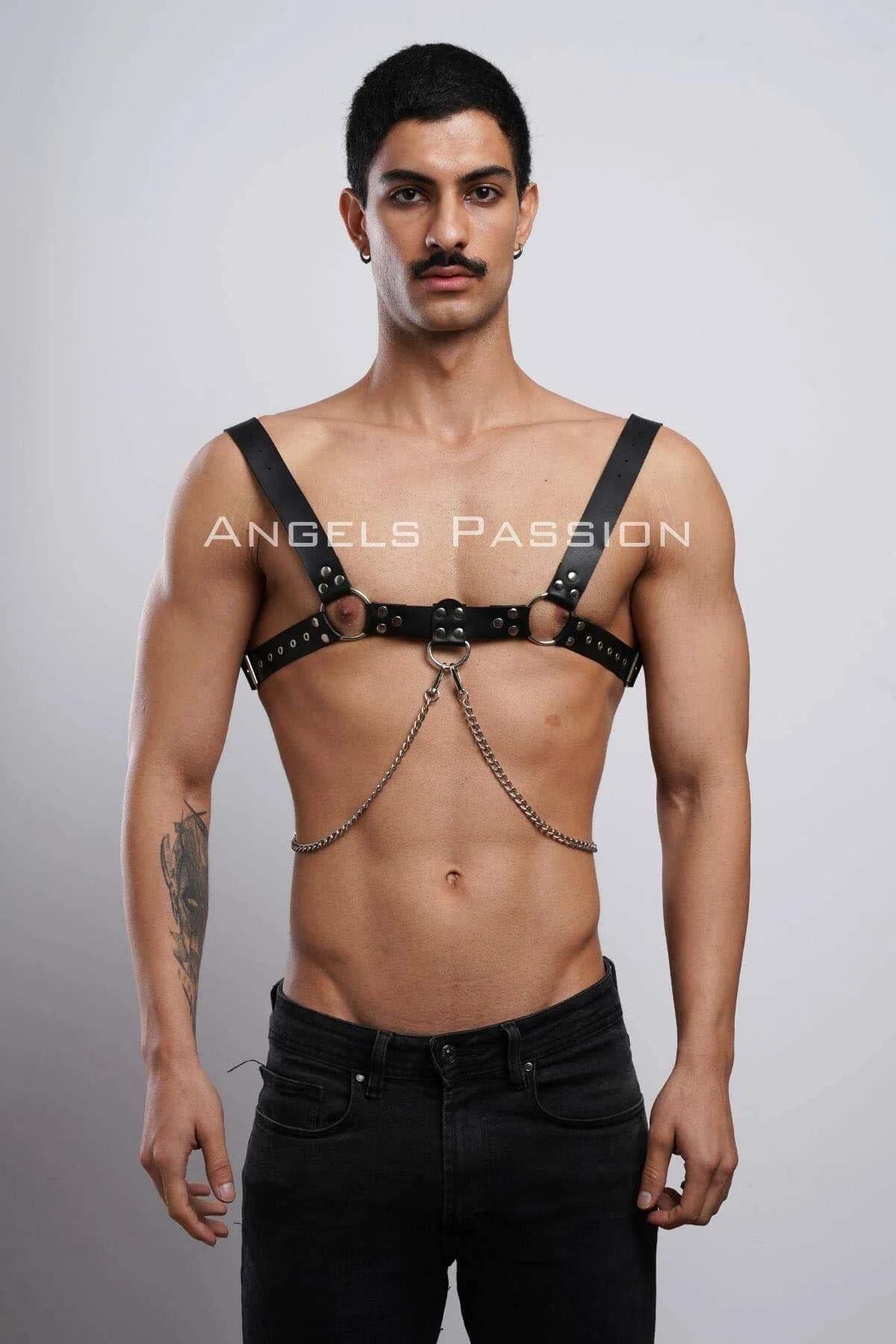 Mens Leather Harness with Chain | Adjustable Chest Body