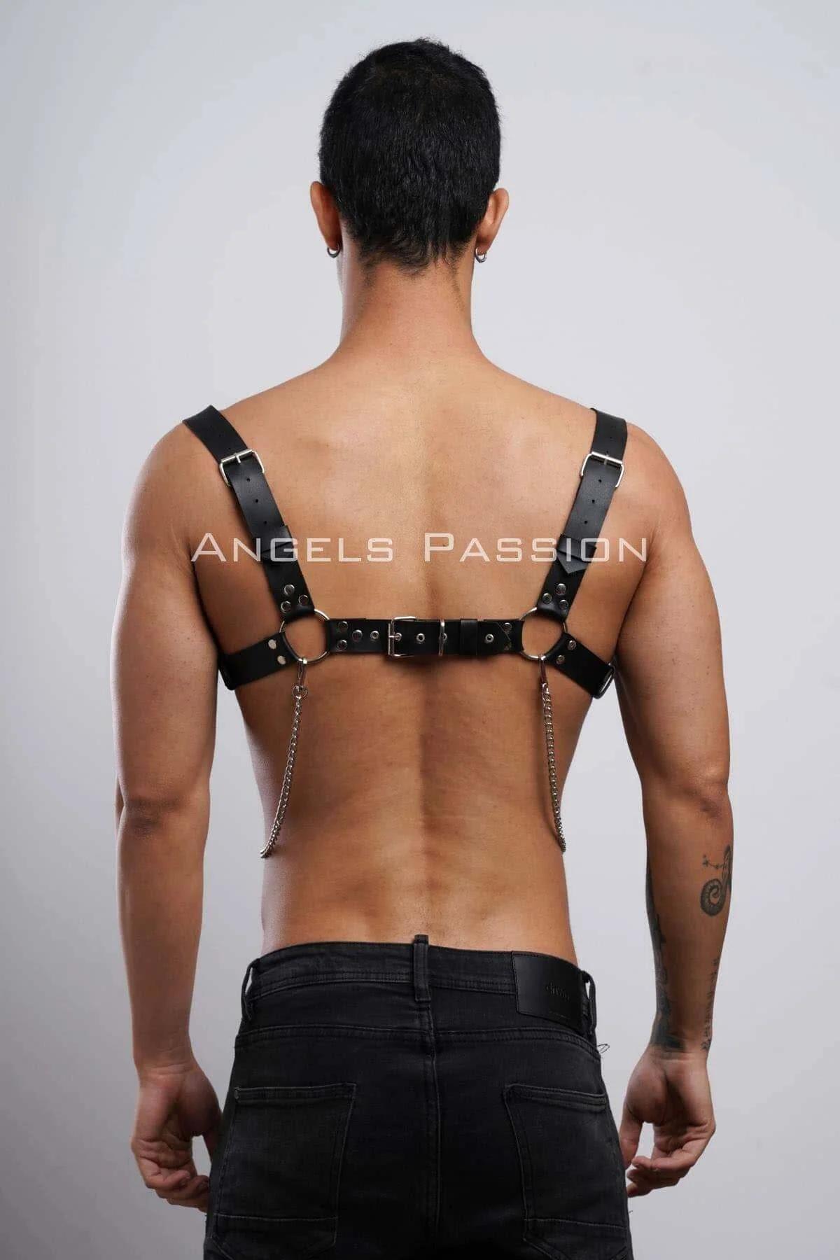 Mens Leather Harness with Chain | Adjustable Chest Body