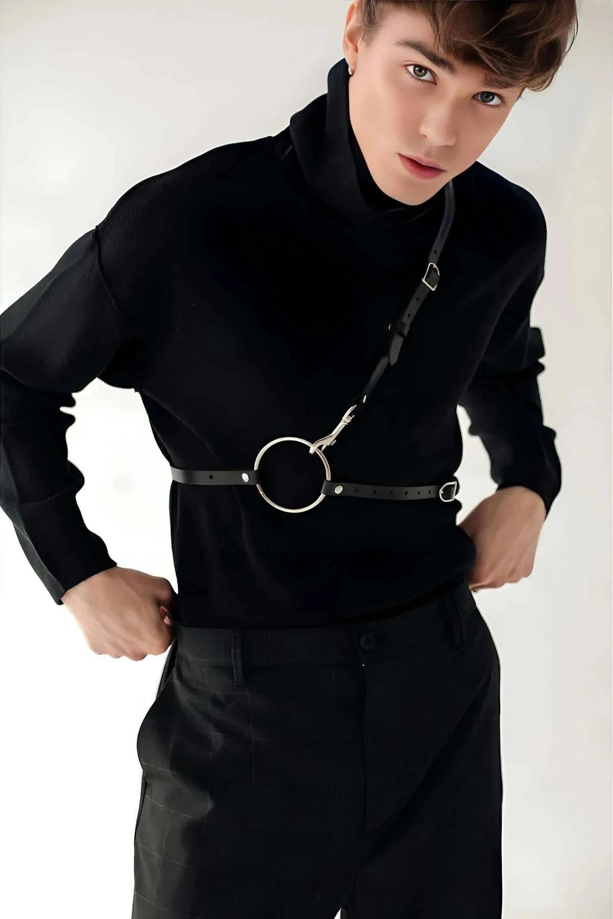 Men's Leather Harness with Adjustable O-Ring Body Strap