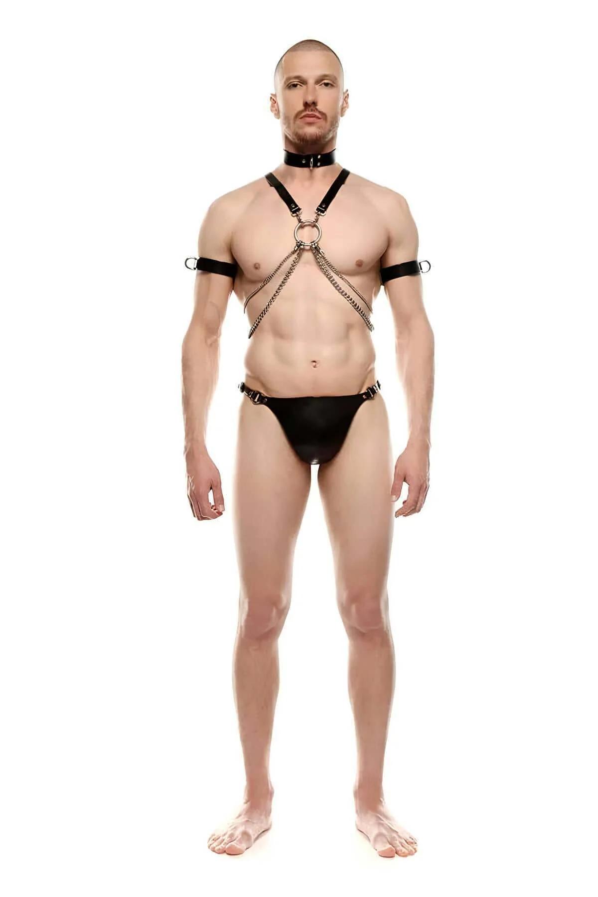 Men's Leather Harness with Chains and Adjustable Armbands