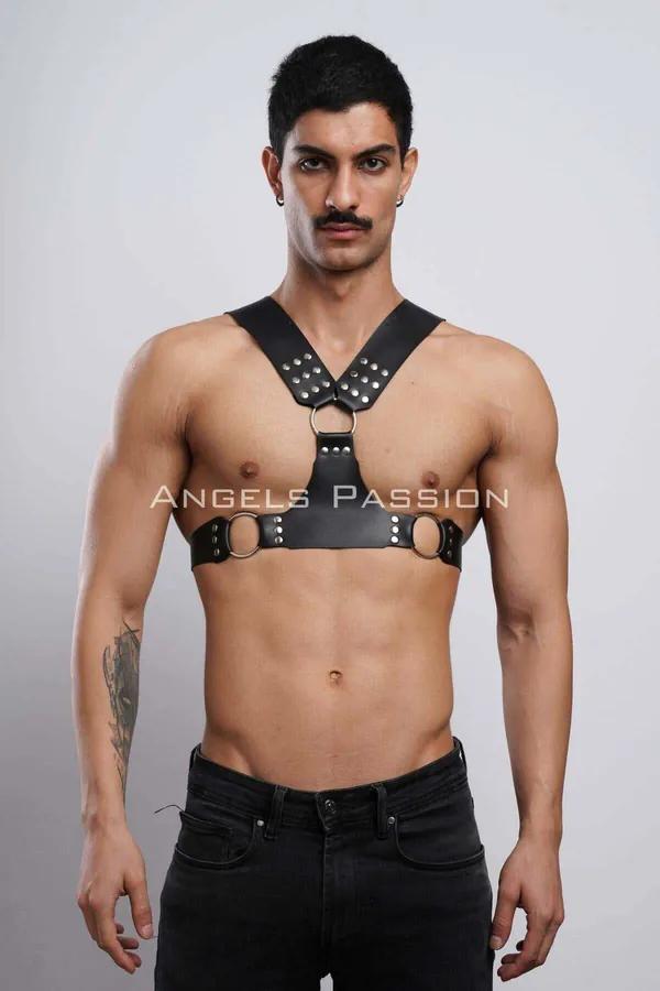 Mens Harness: Adjustable Black Leather Studded Chest Harness