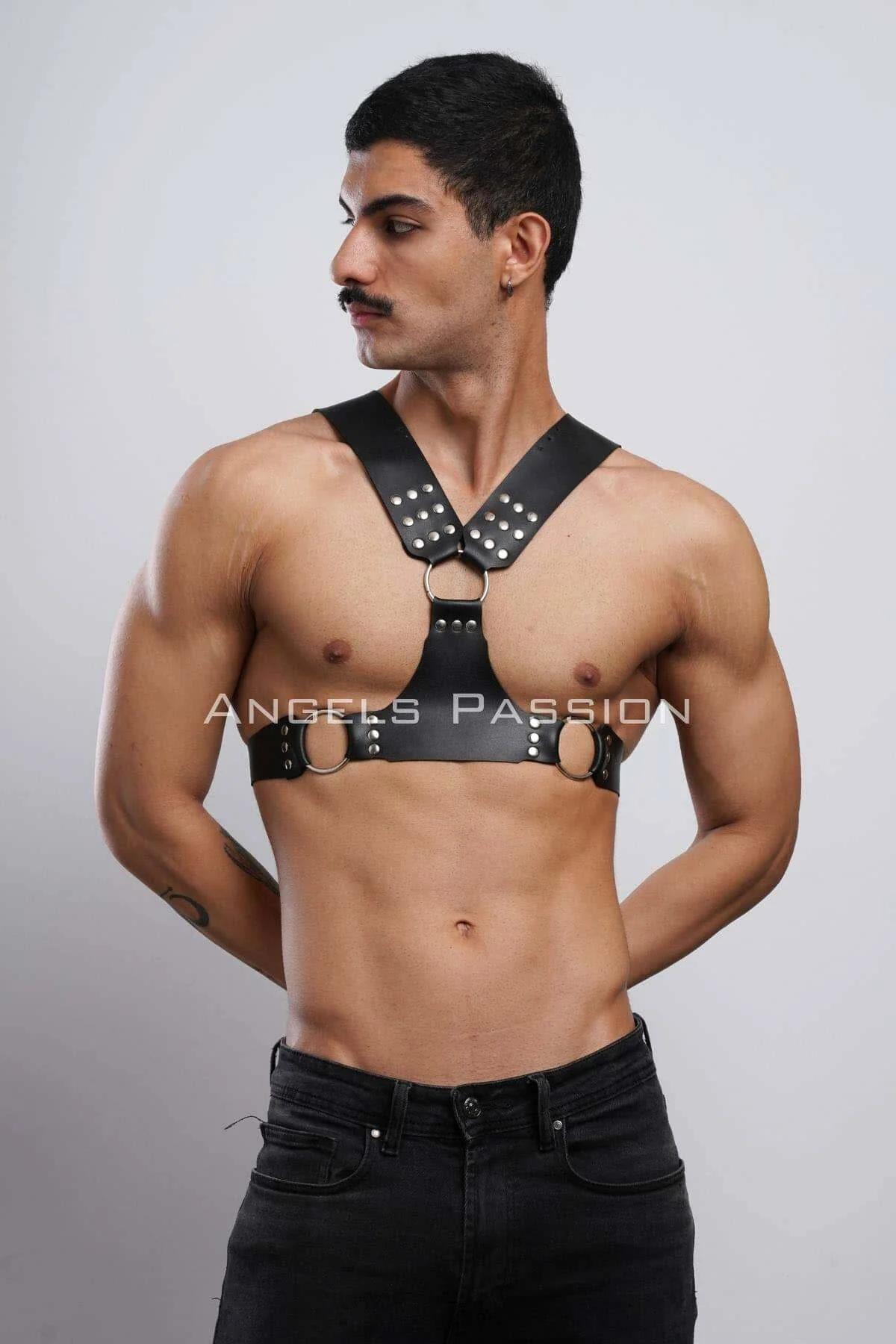 Mens Harness: Adjustable Black Leather Studded Chest Harness