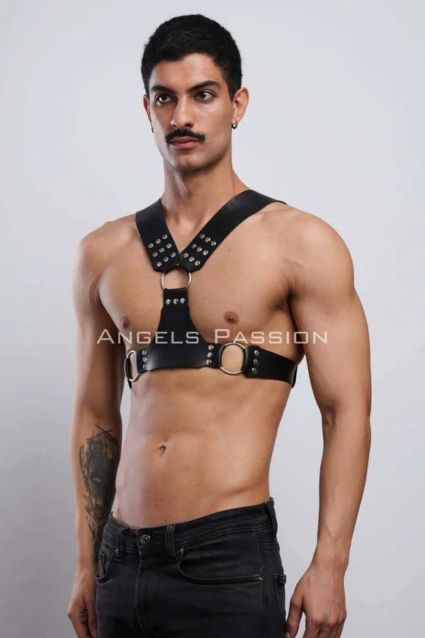 Mens Harness: Adjustable Black Leather Studded Chest Harness