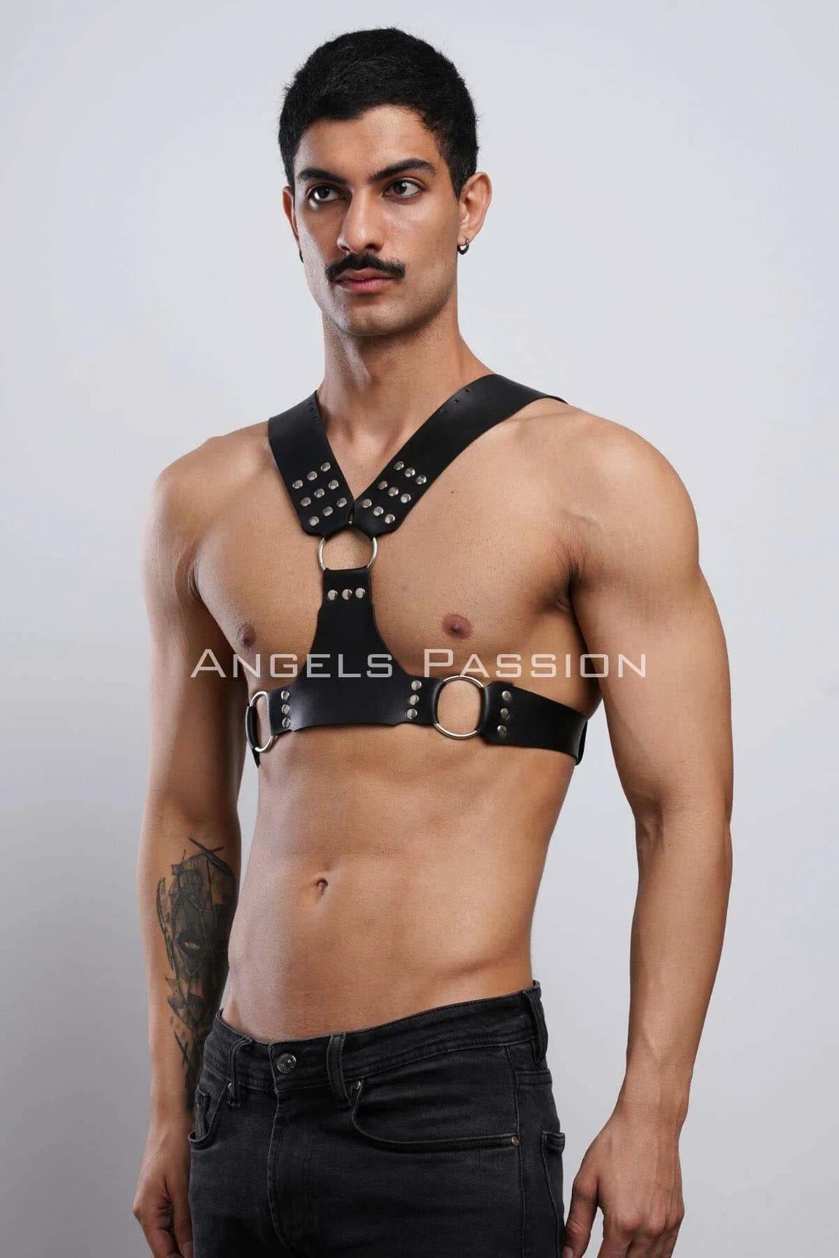 Mens Harness: Adjustable Black Leather Studded Chest Harness