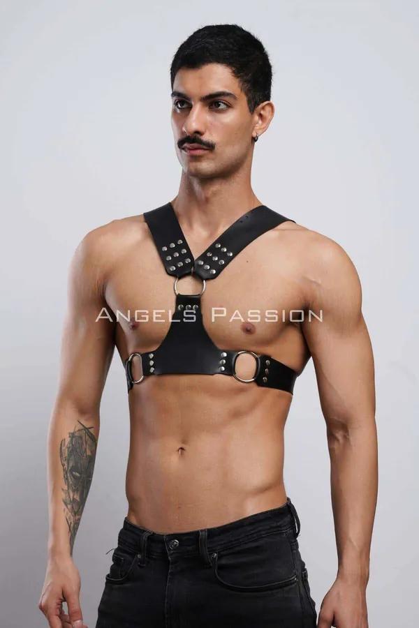 Mens Harness: Adjustable Black Leather Studded Chest Harness