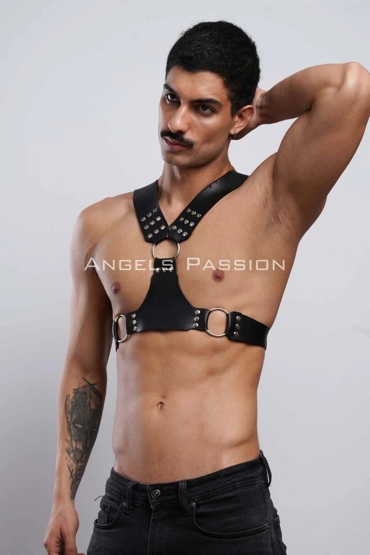 Mens Harness: Adjustable Black Leather Studded Chest Harness