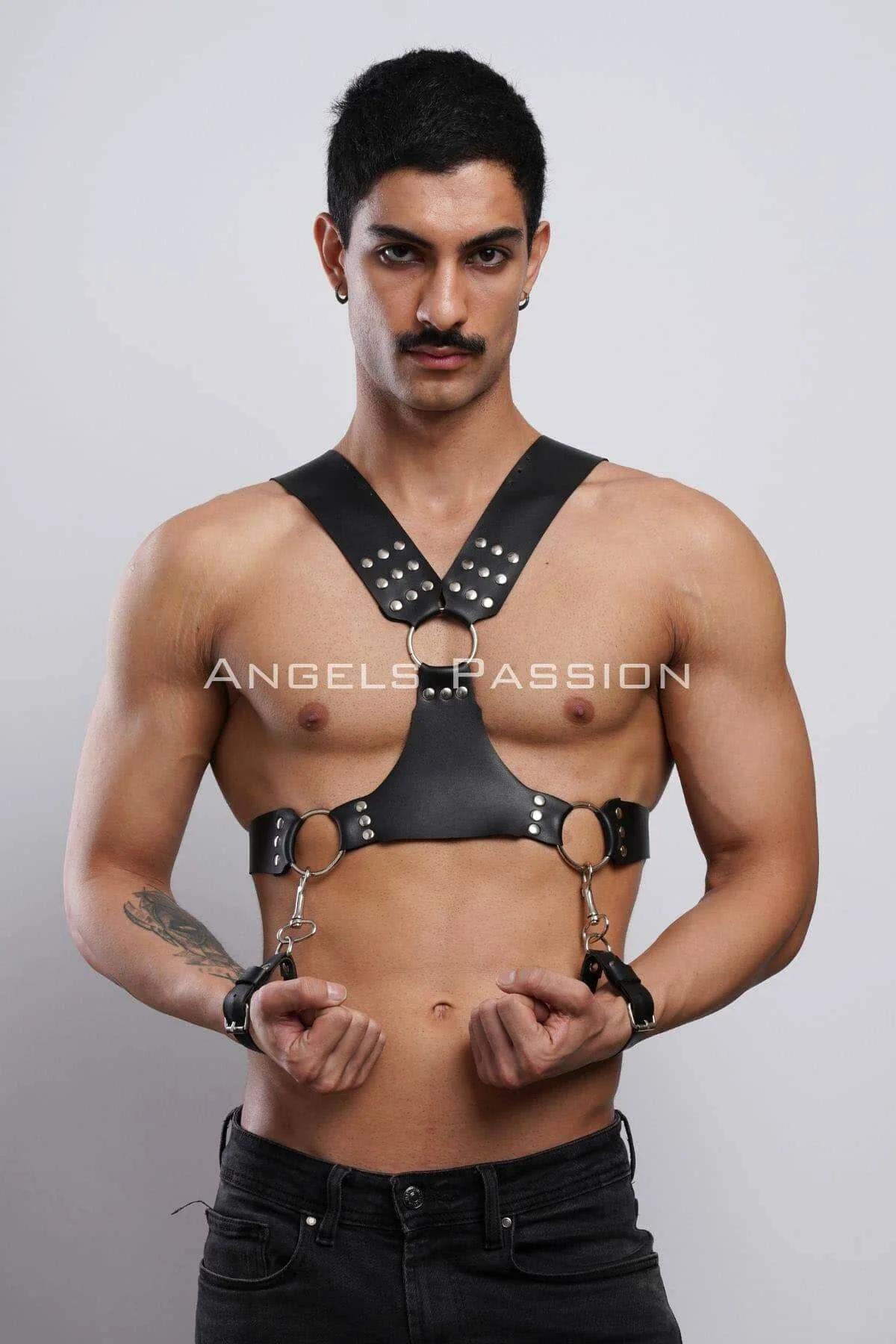 Men's Leather Harness Chest with Studs and Detachable Cuffs