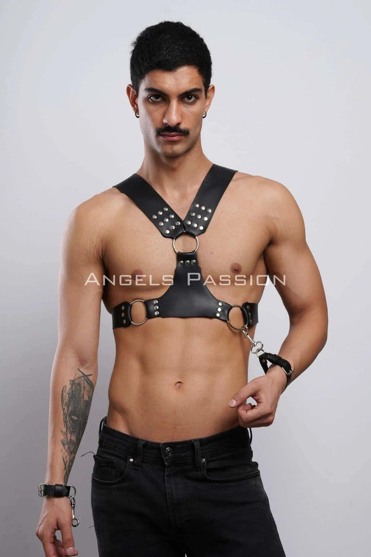 Men's Leather Harness Chest with Studs and Detachable Cuffs