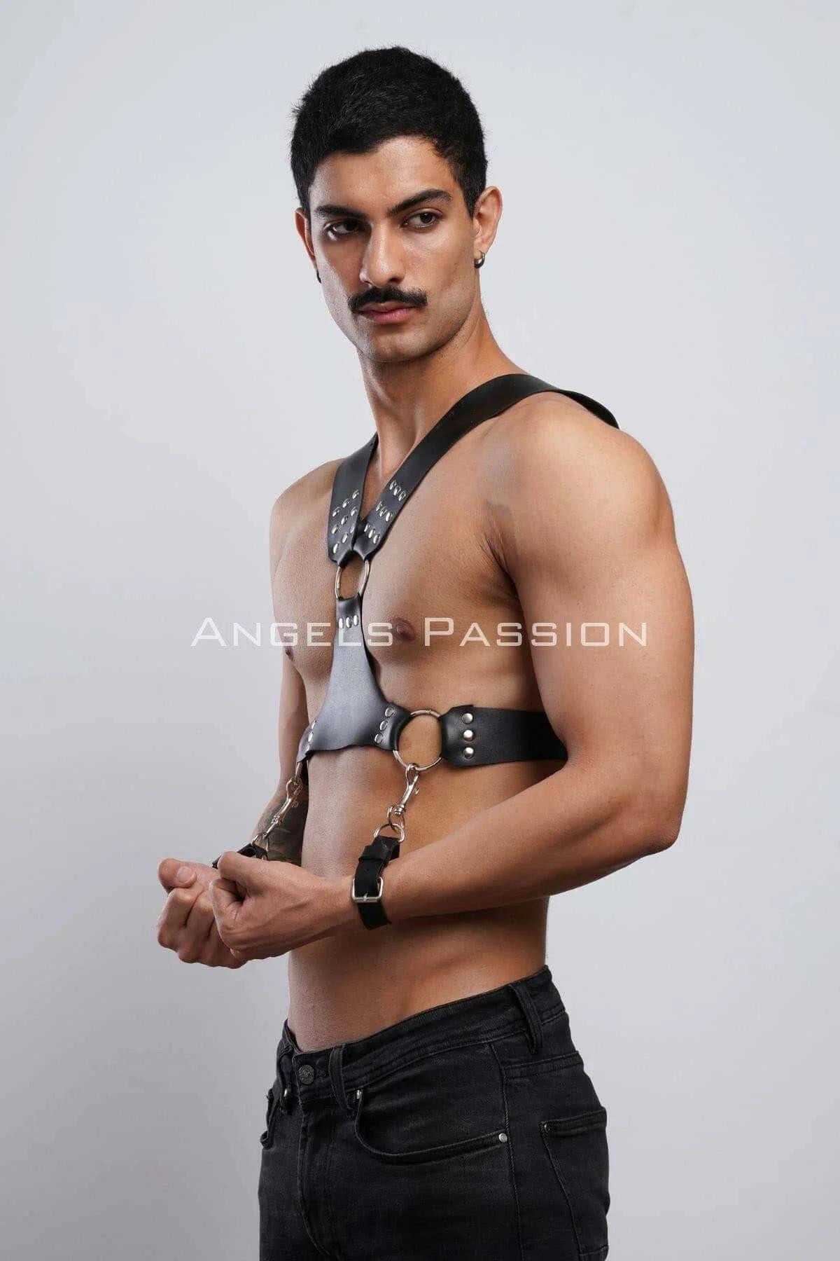Men's Leather Harness Chest with Studs and Detachable Cuffs