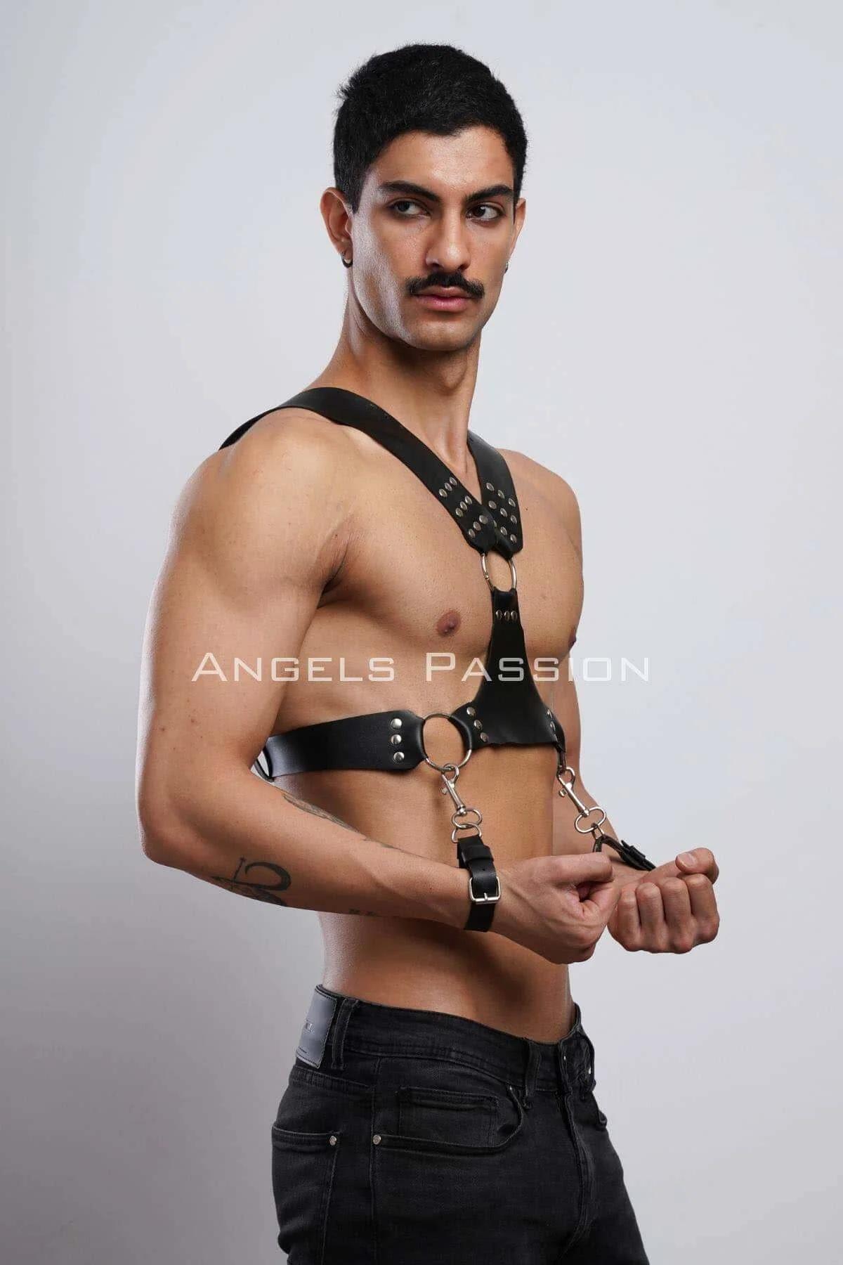 Men's Leather Harness Chest with Studs and Detachable Cuffs